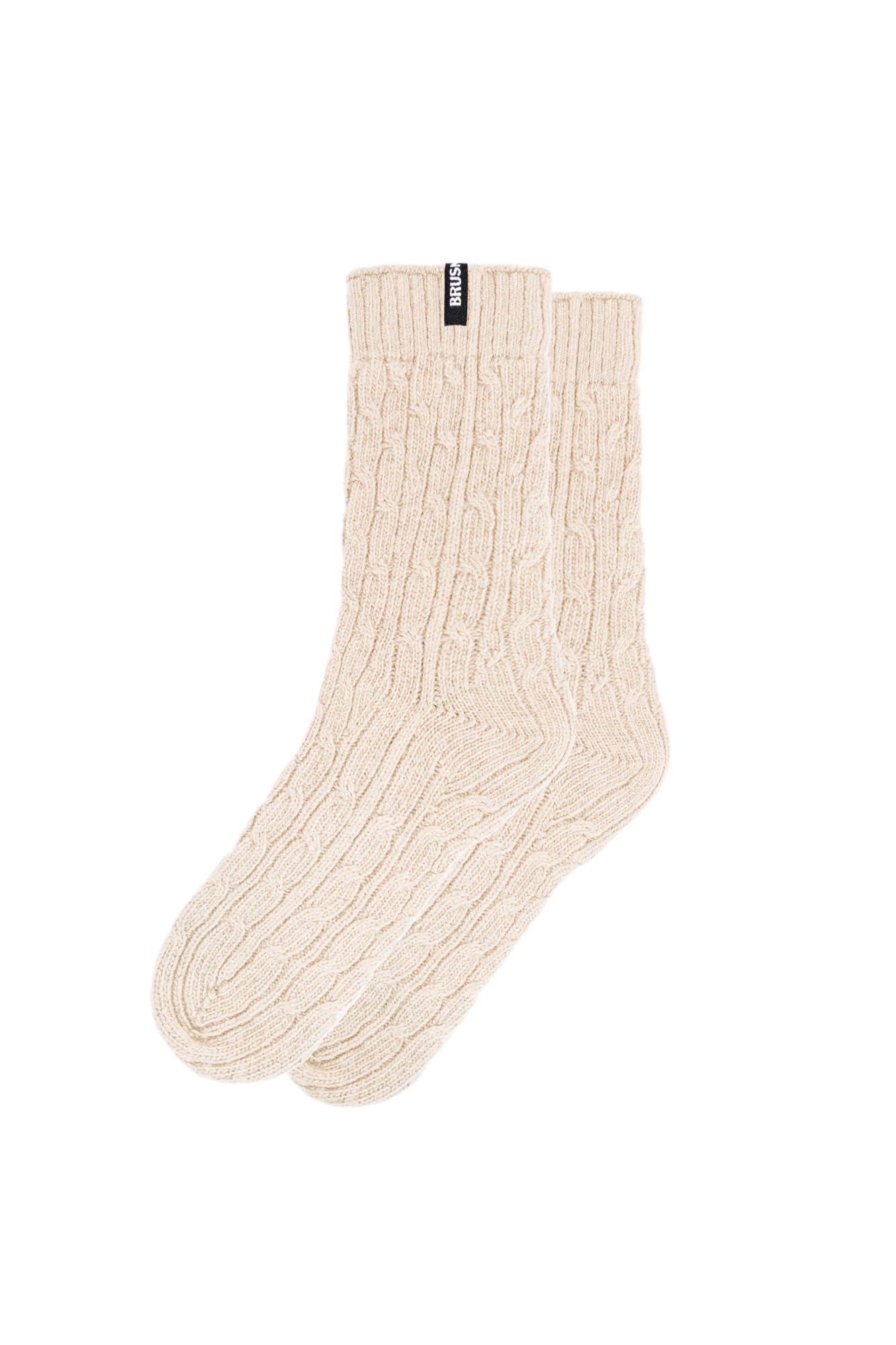 Трикотажные носки из кашемира и шерсти. Модель с фактурной вязкой косами, эластичной резинкой и брендированным ярлыком.