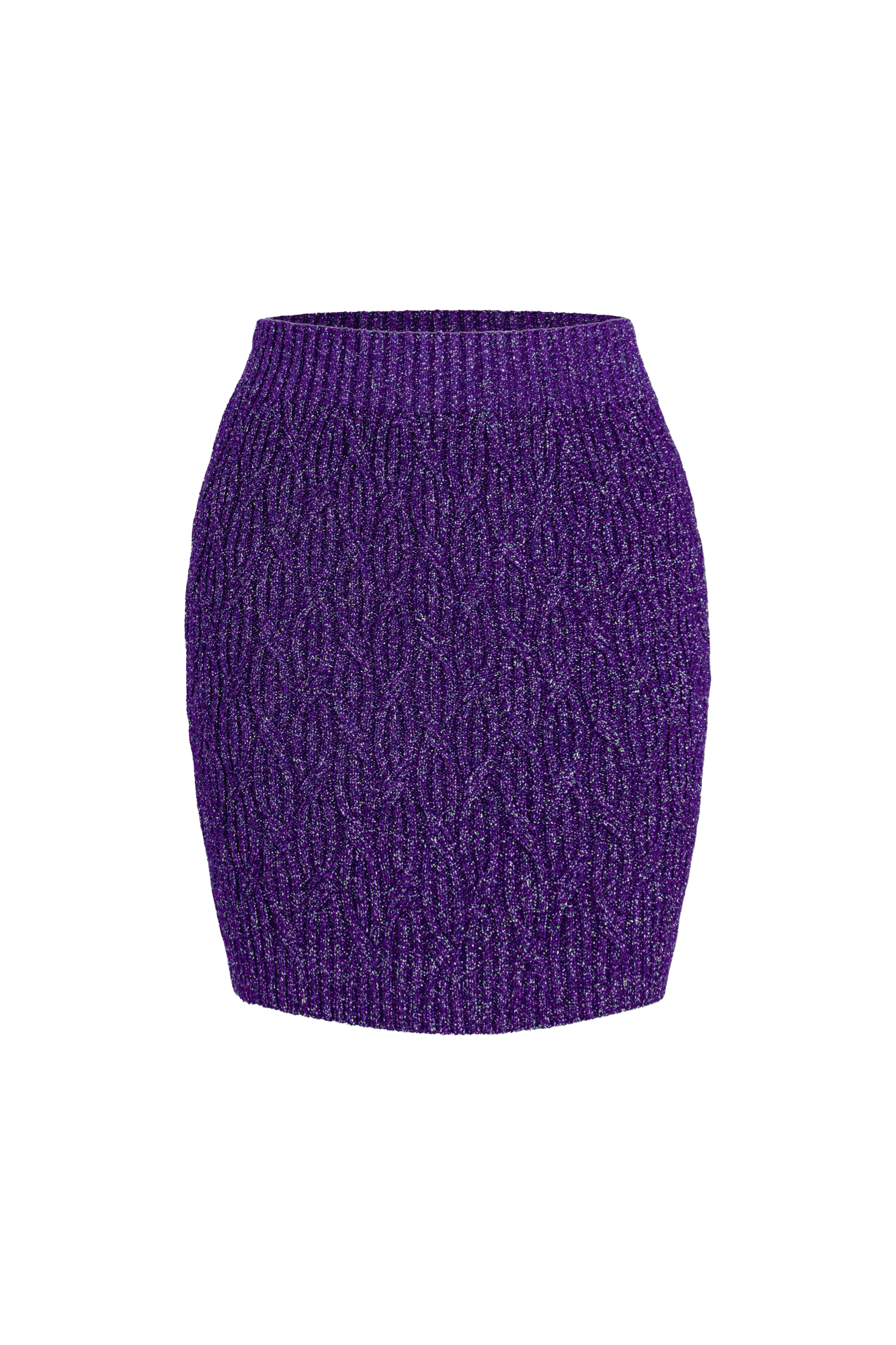 Трикотажная юбка длины мини из вискозы с рельефным узором с добавлением люрекса. Модель приталенного силуэта с эластичным поясом в рубчик.
