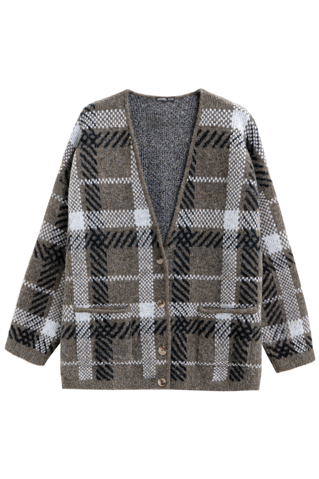 Трикотажный кардиган из шерсти с добавлением мохера, выполненный с рисунком сложной клетки. Модель свободного силуэта с двумя накладными карманами, глубоким V-образным вырезом и застежкой на пуговицы.