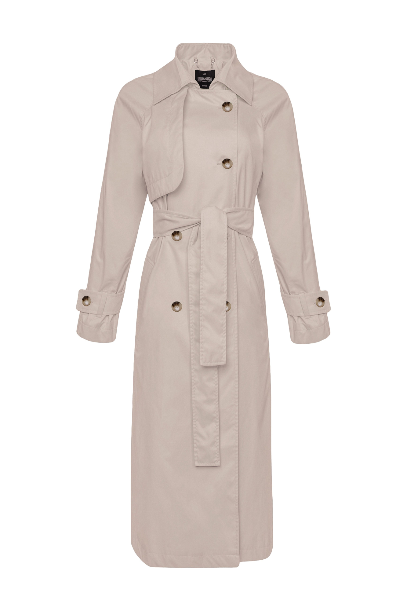 Классический тренч из водоотталкивающего текстиля. Модель прямого силуэта с поясом, отложной воротник, двубортная застежка на пуговицах и боковые карманы.