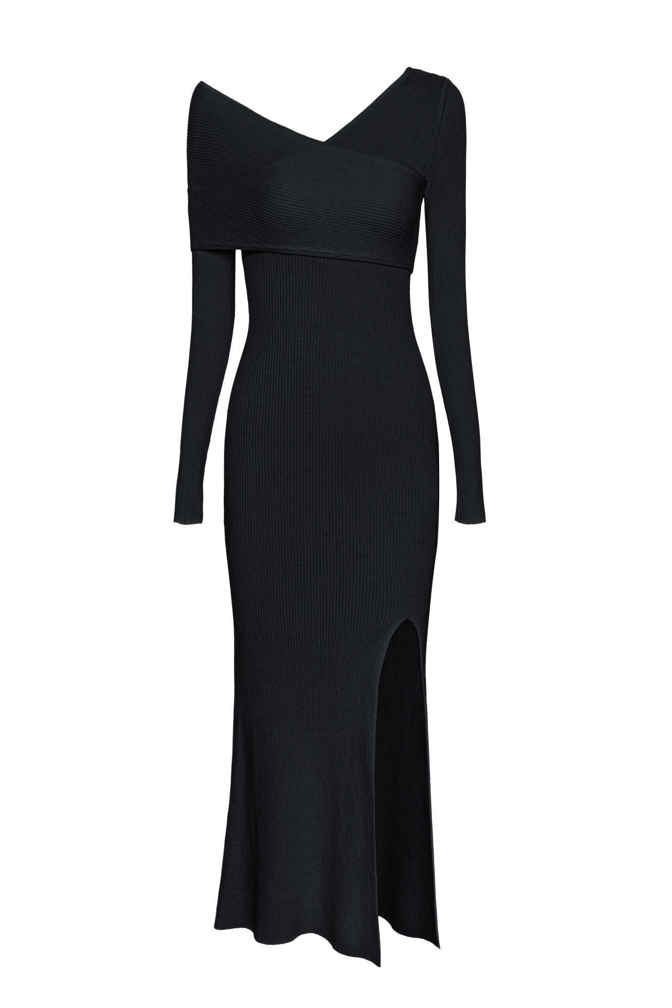 Трикотажное платье длины миди из вискозы. Модель облегающего силуэта, с асимметричным вырезом, длинными рукавами и высоким разрезом на бедре. Платье выполнено в рубчик. Вырез горловины и лиф изделия декорирован отлетной деталью и открытым плечом.