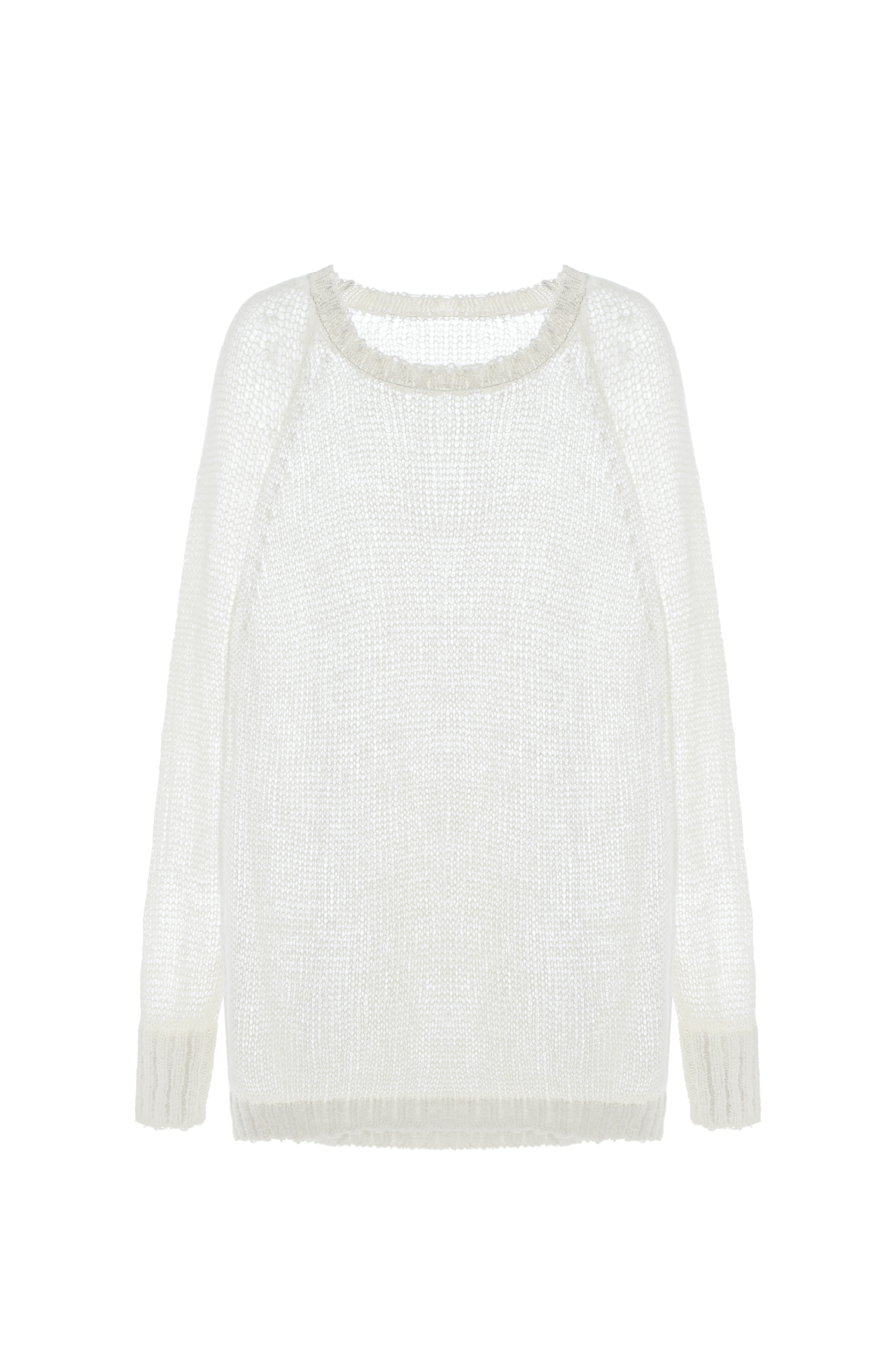 Трикотажный полупозрачный джемпер из смесовой шерсти. Модель свободного силуэта со спущенной линией плеча.