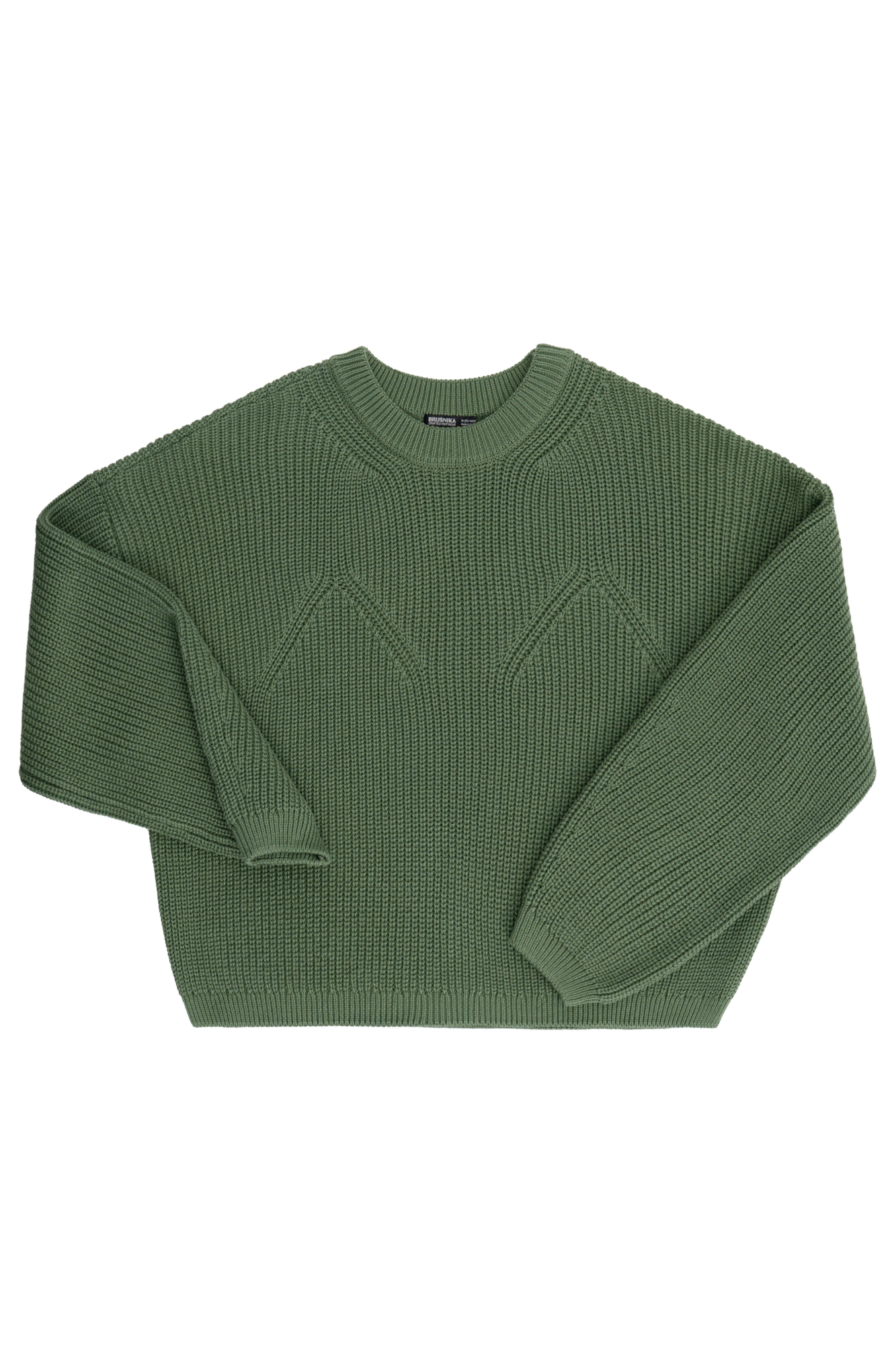 Трикотажный джемпер из 100% хлопка с декоративными сбавками на груди и воротнике. модель свободного силуэта со спущенной линией плеч и круглым вырезом горловины. Манжеты рукавов и низ изделия выполнены на эластичной резинке.