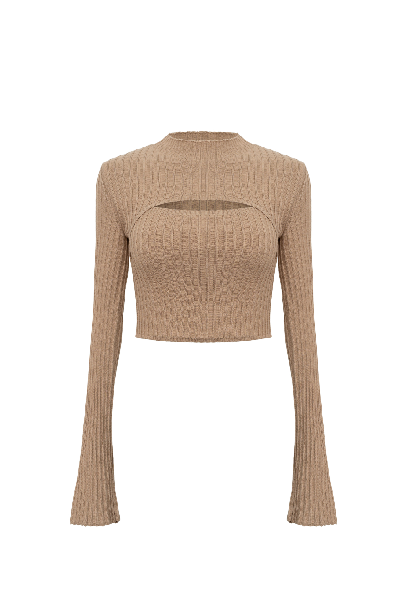 Трикотажный топ из шерсти мериноса экстрафайн. Модель по фигуре с длинными расклешенными рукавами и акцентным вырезом на груди.