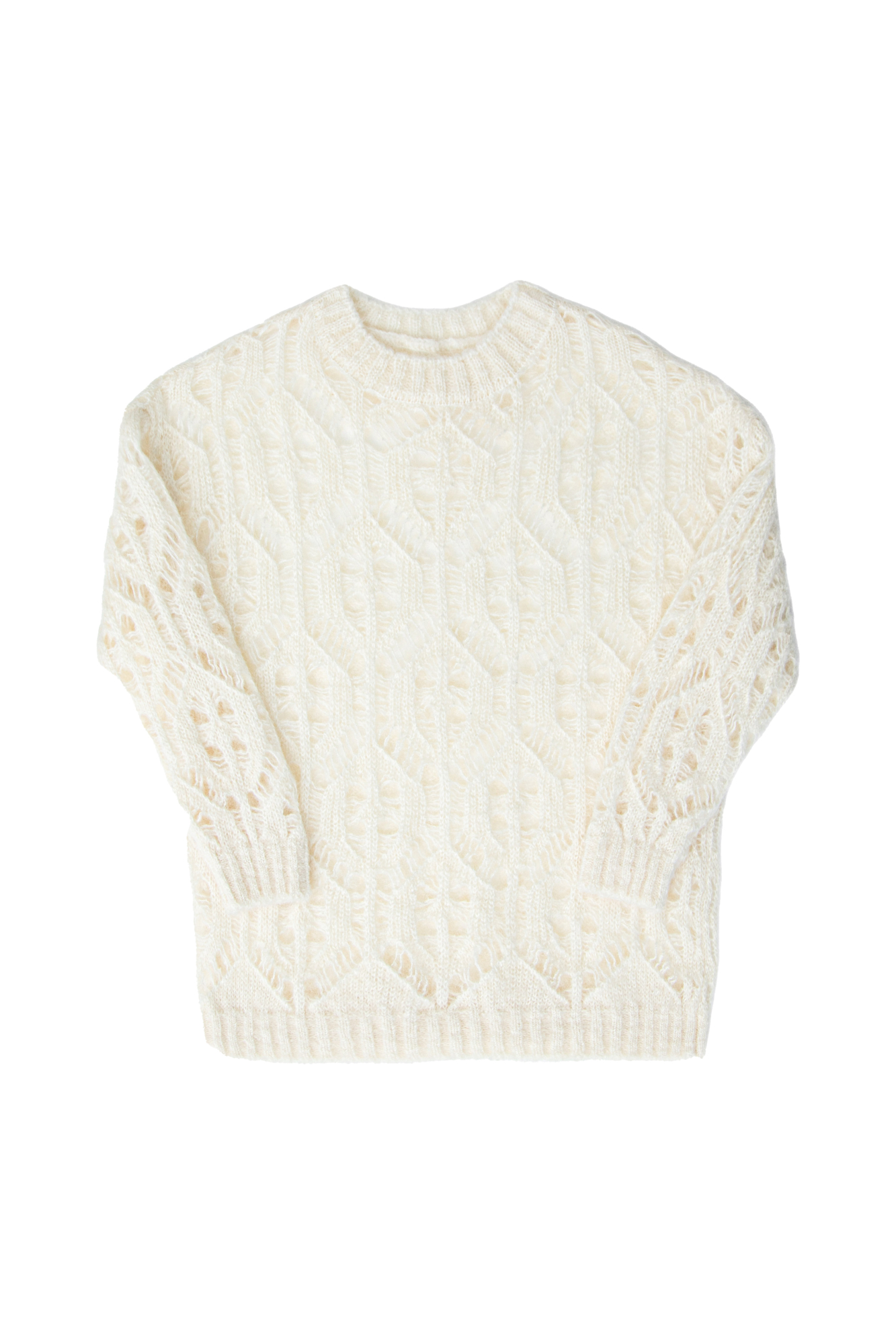 Трикотажный джемпер из мохера с добавлением шерсти. Модель свободного силуэта со спущенным плечом выполненная ажурным переплетением. Края изделия в рубчик.