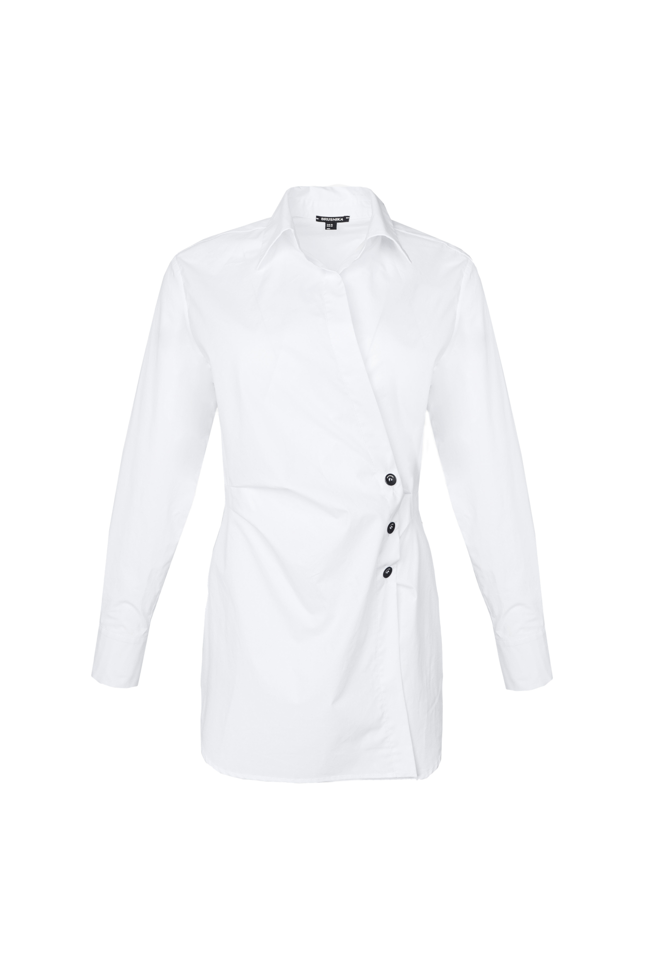 Туника в классическом стиле из хлопка на запах. Застежка на трех пуговицах. Дополнить образ можно брюками.