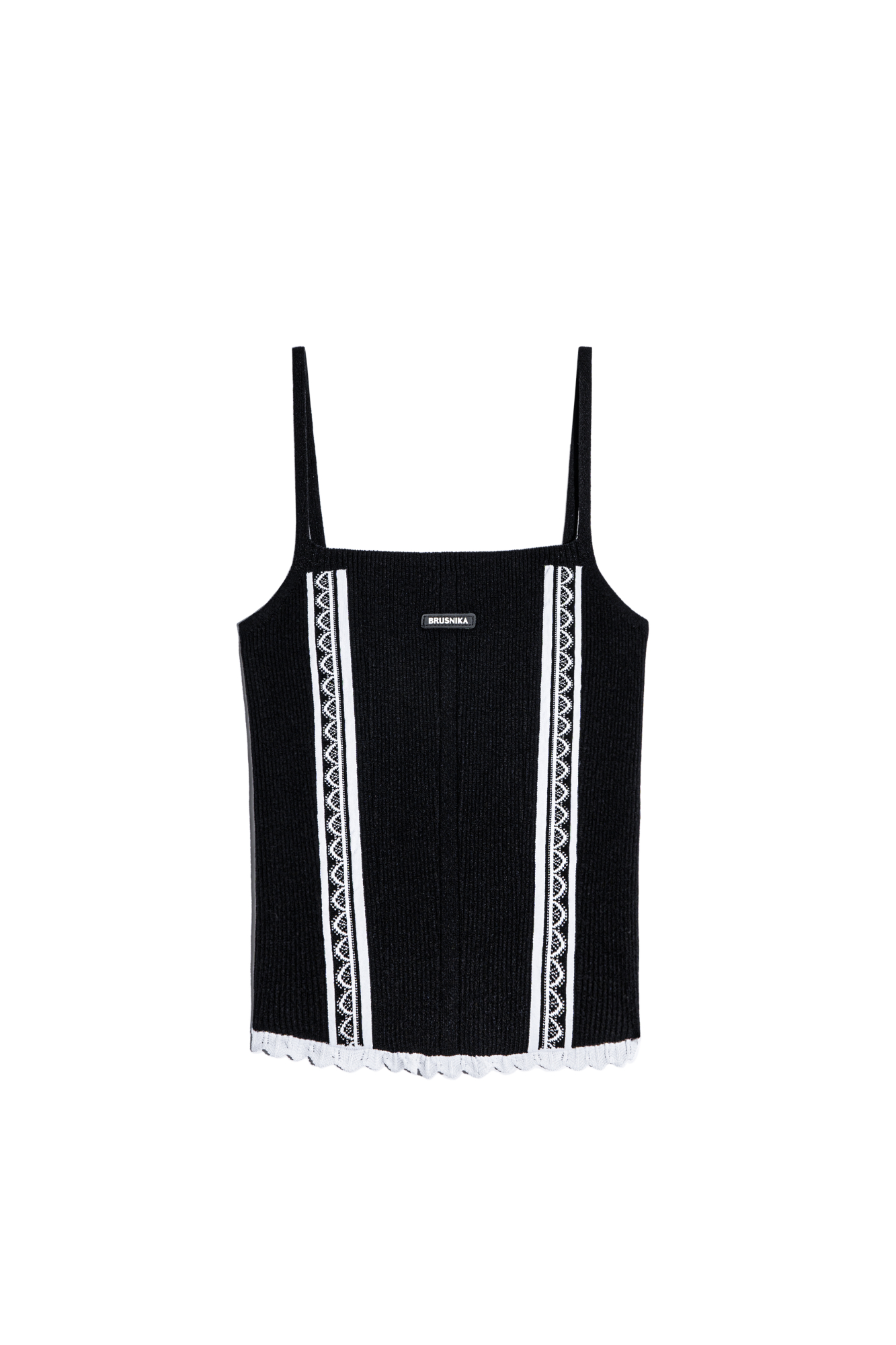 Трикотажный топ из вискозы. Модель по фигуре, на тонких бретельках. Изделие декорировано жаккардовым узором в виде кружева и ажуром контрастного цвета по низу изделия.