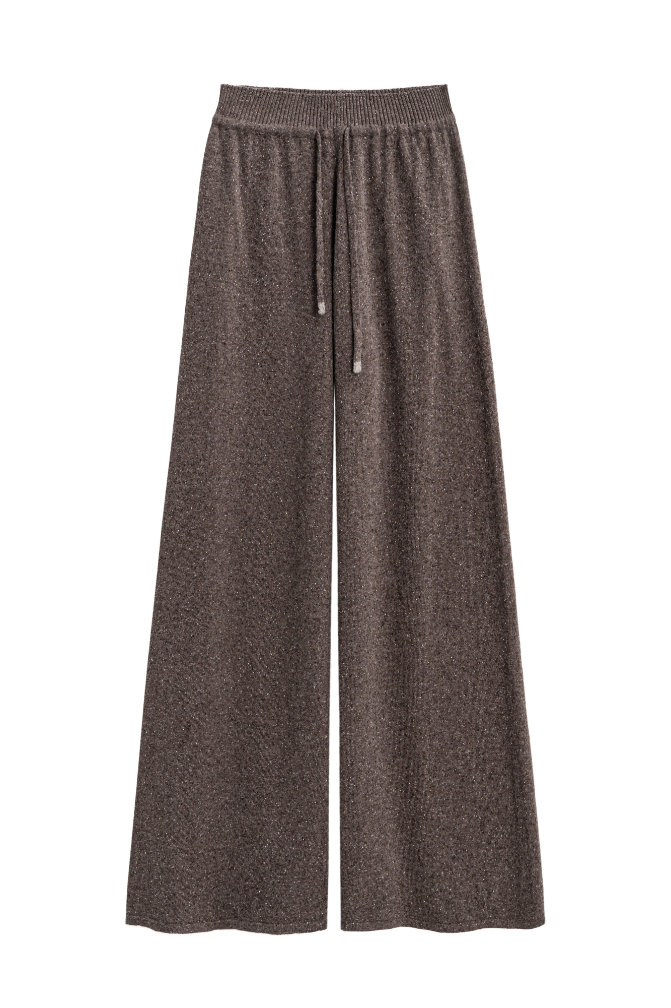 Трикотажные меланжевые брюки из мягкой шерсти с добавлением шелка и вискозы. Модель прямого силуэта с широким поясом на кулиске. Можно дополнить жилетом из такой же пряжи.