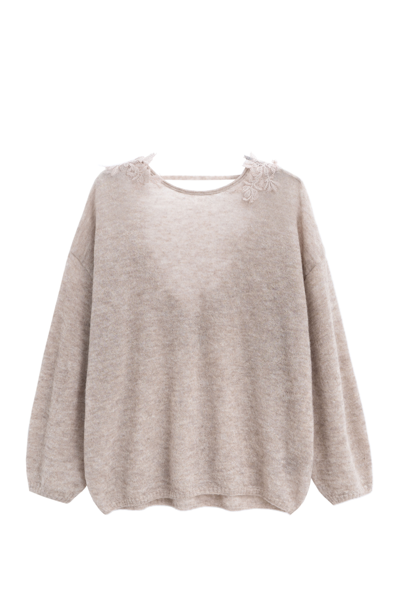 Трикотажный полупрозрачный джемпер из шерсти мериноса экстрафайн и альпака экстрафайн. Модель свободного силуэта со спущенной линией плеча и V-образным вырезом на спинке, декорированным кружевом.