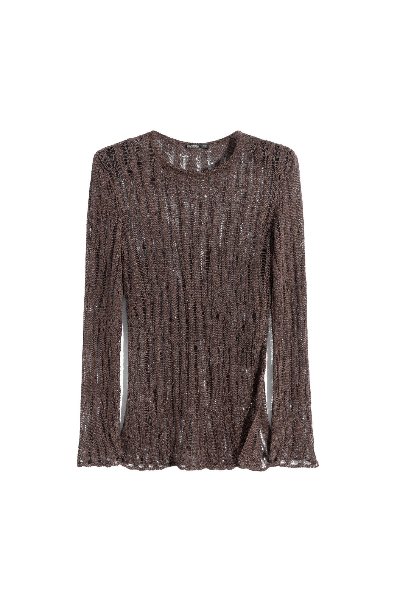 Полупрозрачный джемпер, выполненный изо льна с добавлением люрекса. Модель по фигуре с круглым вырезом горловины и невысоким разрезом сбоку. Изделие с подплечниками.