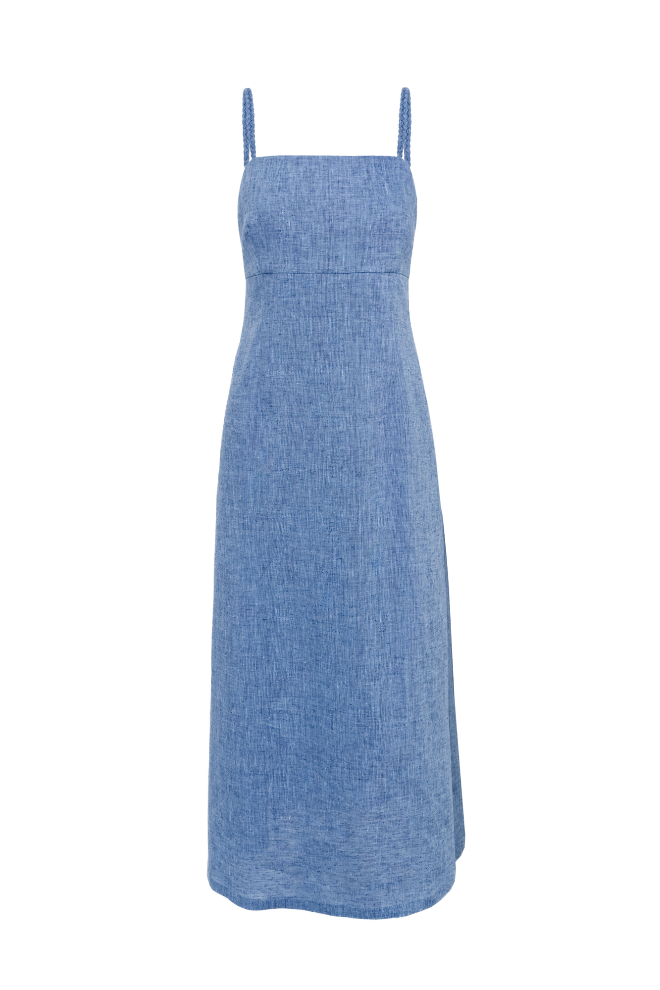 Сарафан длины миди из 100% льна. Модель приталенного силуэта, на тонких бретельках в виде косичек и высоким разрезом сбоку. Спинка изделия выполнена на резинке.