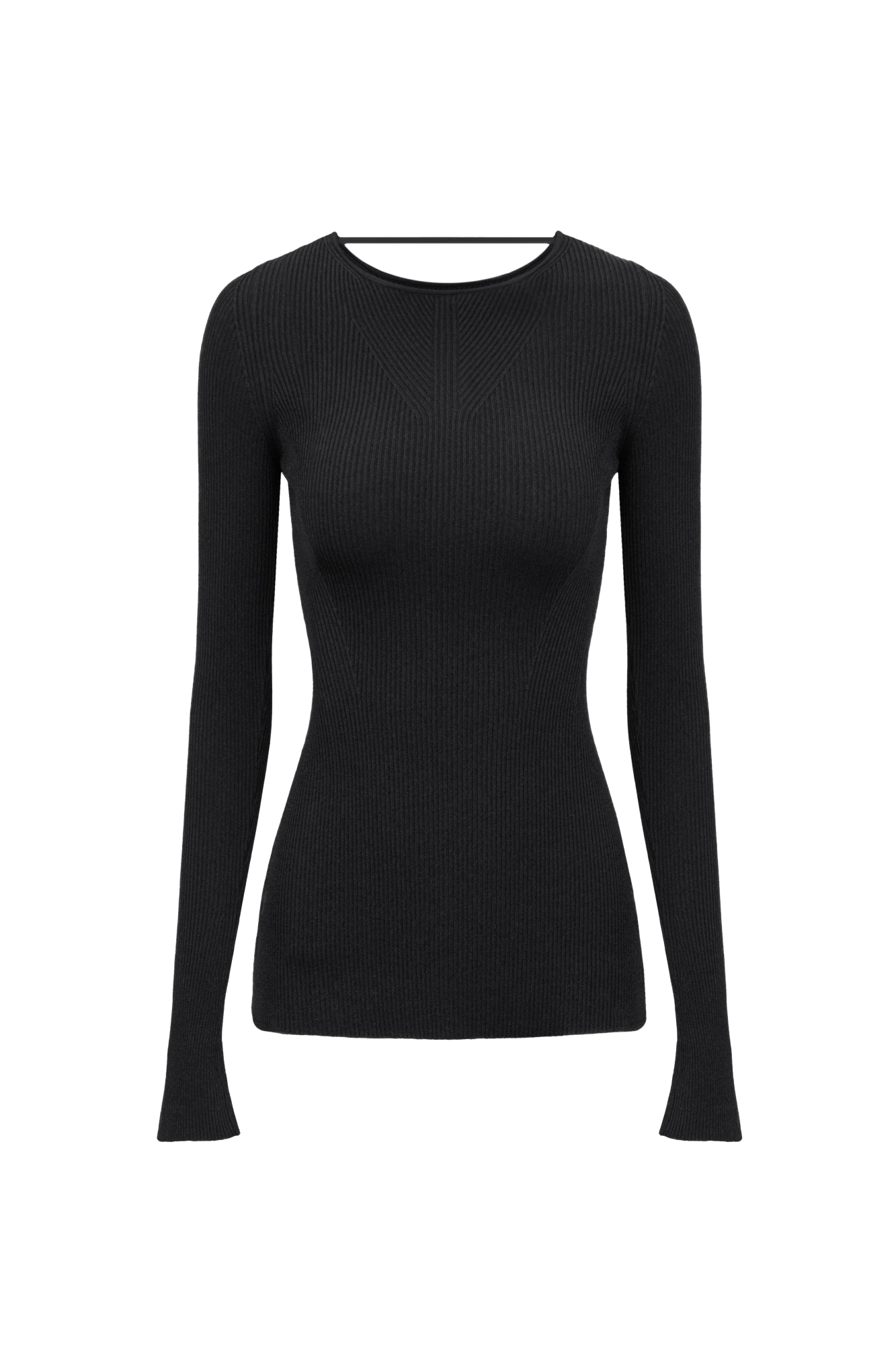 Трикотажный топ из тонкого трикотажа на основе вискозы. Модель с длинным рукавом и круглым вырезом горловины. Изделие декорировано вывязанным узором на груди и глубоким вырезом со шнуровкой на спине.