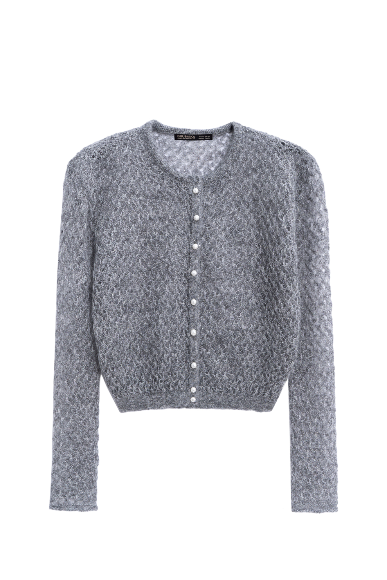 Трикотажный ажурный кардиган из кидмохера, декорированный мелкими пайетками. Модель свободного силуэта с длинными рукавами, круглым вырезом горловины и застежкой на жемчужные пуговицы.