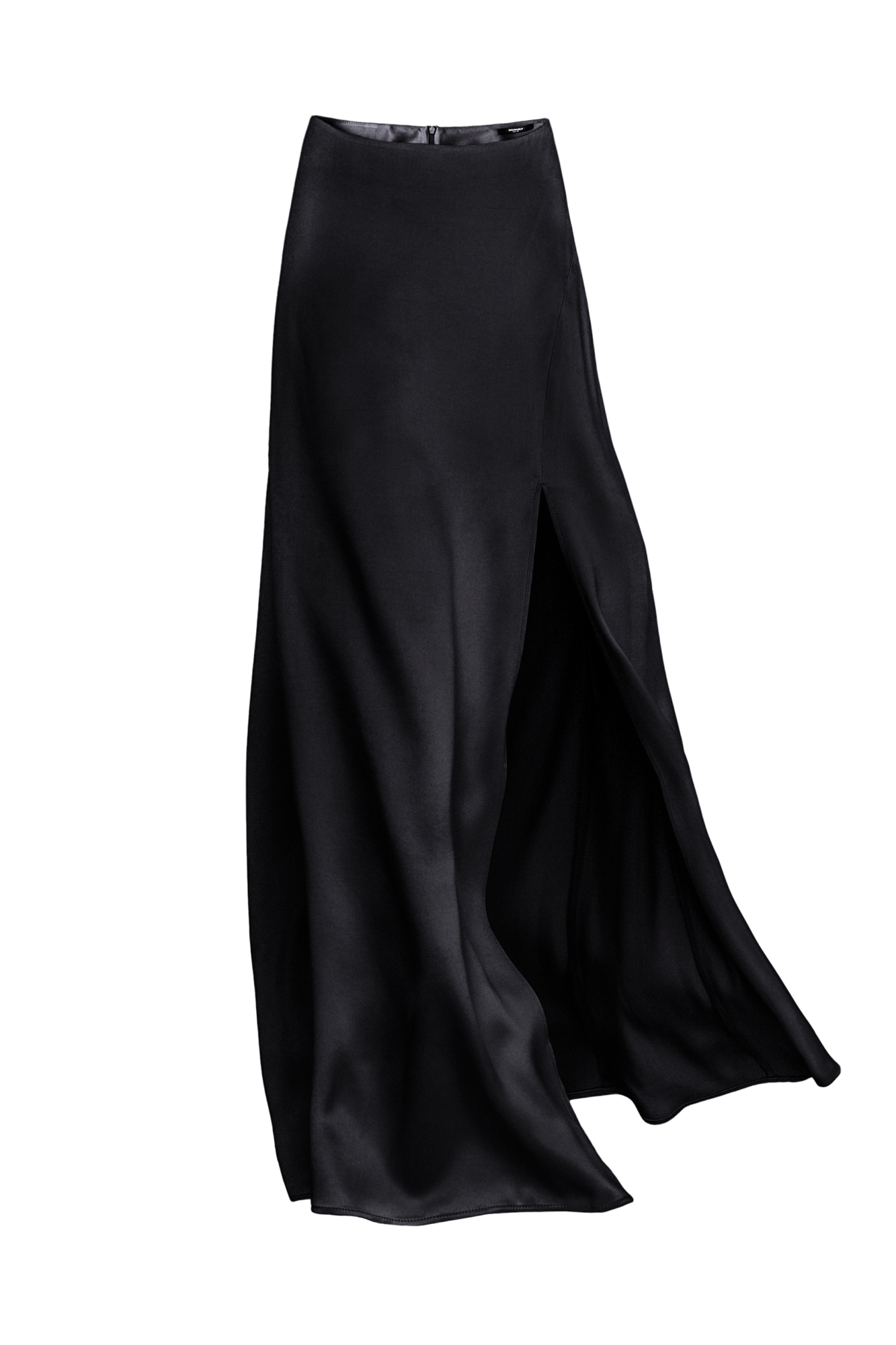 Атласная юбка длины макси из 100% вискозы с разрезом и застежкой на молнию.
