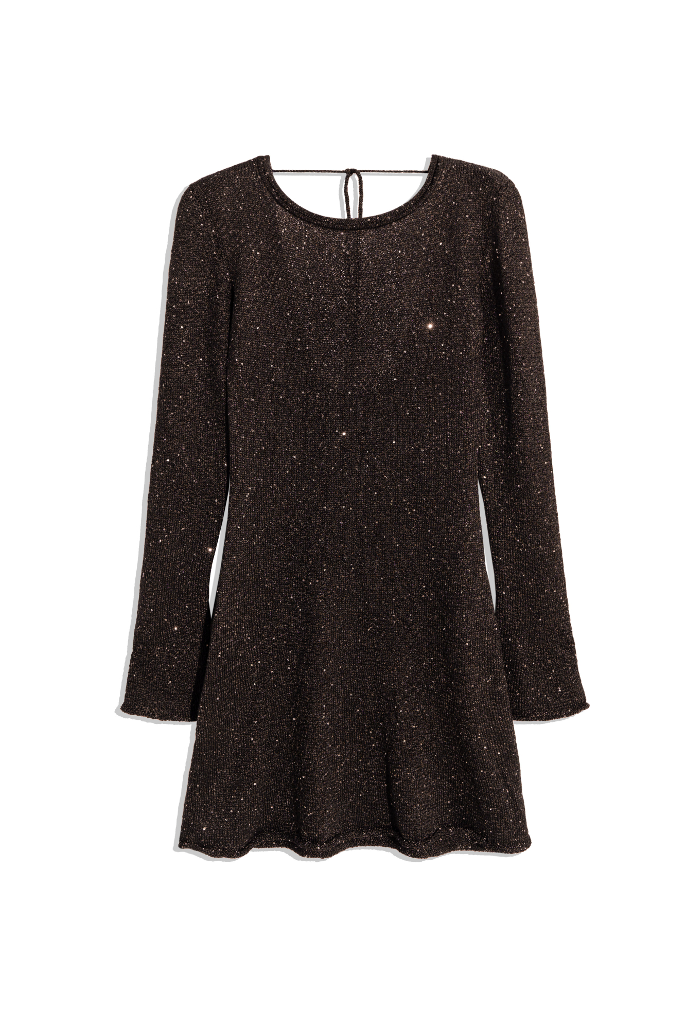 Трикотажное платье длины мини из хлопка с пайетками. Модель приталенного силуэта с длинными рукавами и открытой спиной. Манжеты рукавов и подол декорированы валиками.