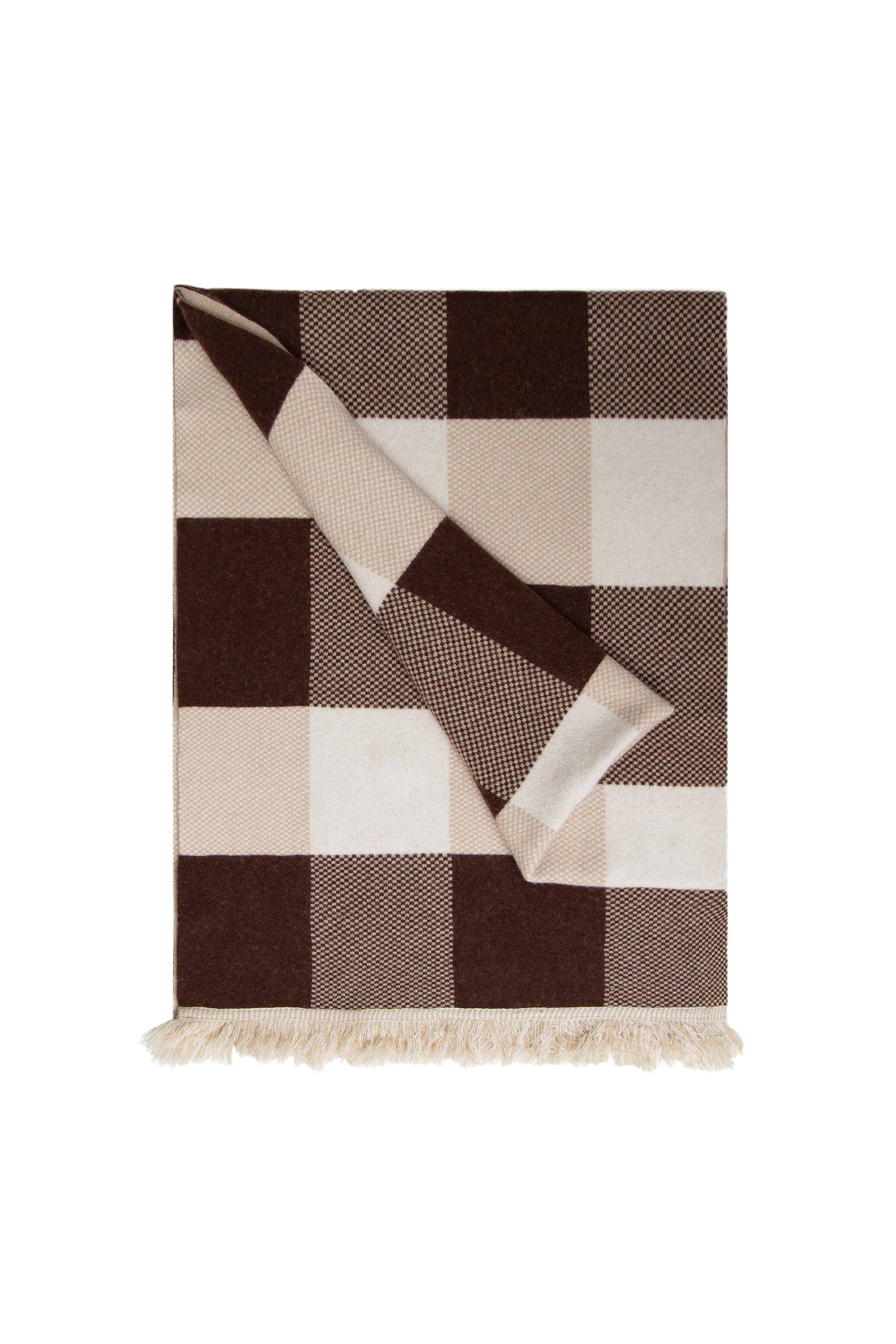 Трикотажный палантин из кашемира. Модель в клетку с бахромой по краям.