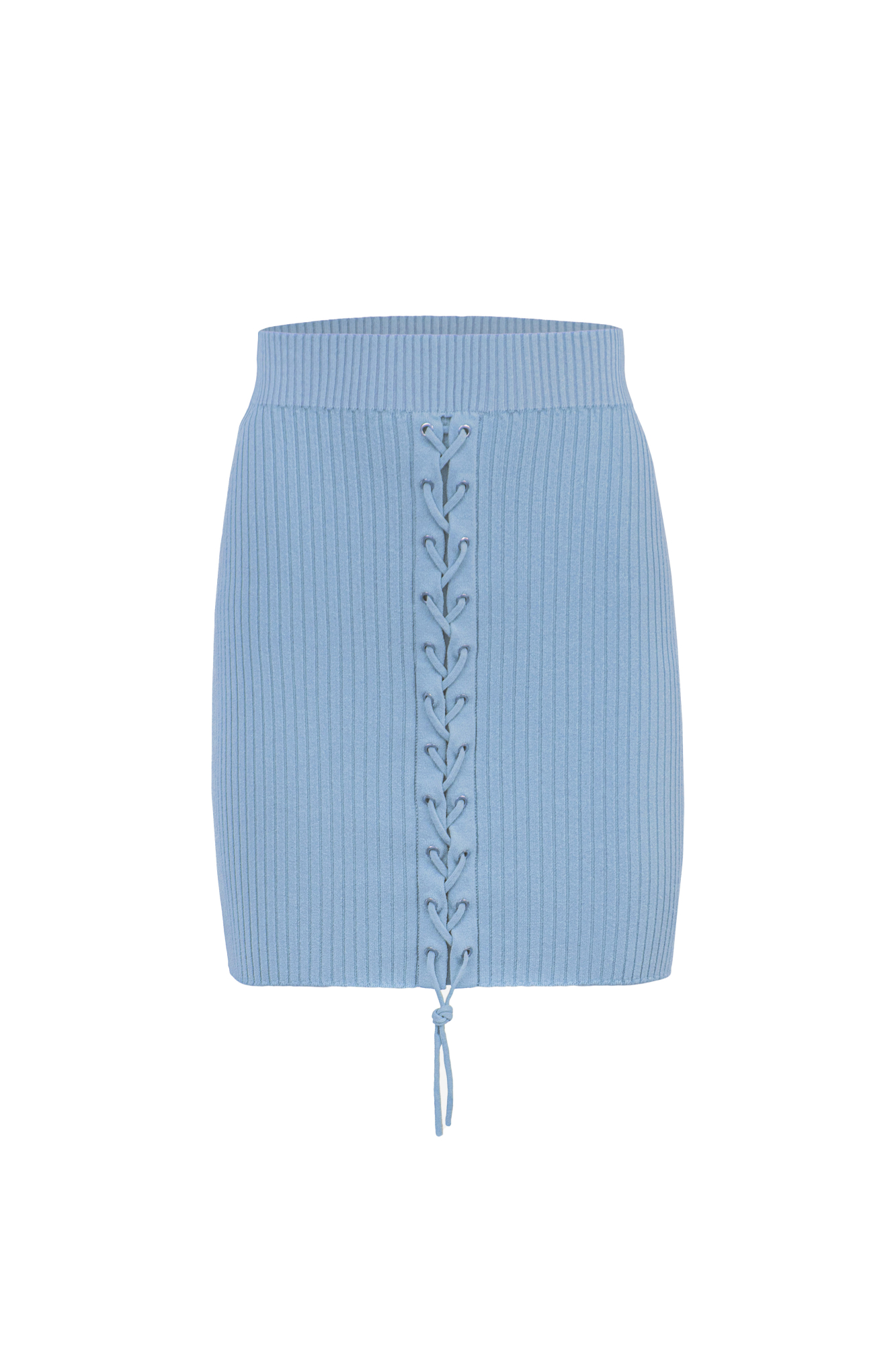 Трикотажная юбка длины мини из вискозы. Модель приталенного силуэта с широким эластичным поясом. Изделие декорировано люверсами и шнуровкой спереди. Дополнить образ можно топом в таком же стиле.