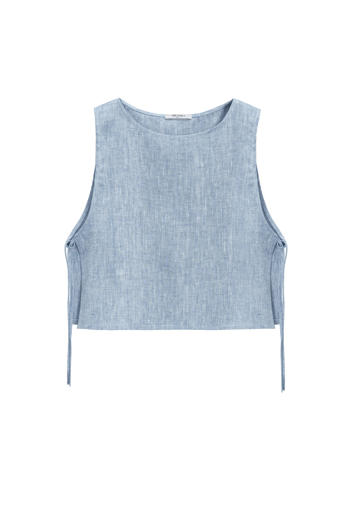 Укороченный топ из 100% льна. Модель свободного кроя, без рукавов, с круглым вырезом горловины. Изделие фиксируется завязками по бокам.
