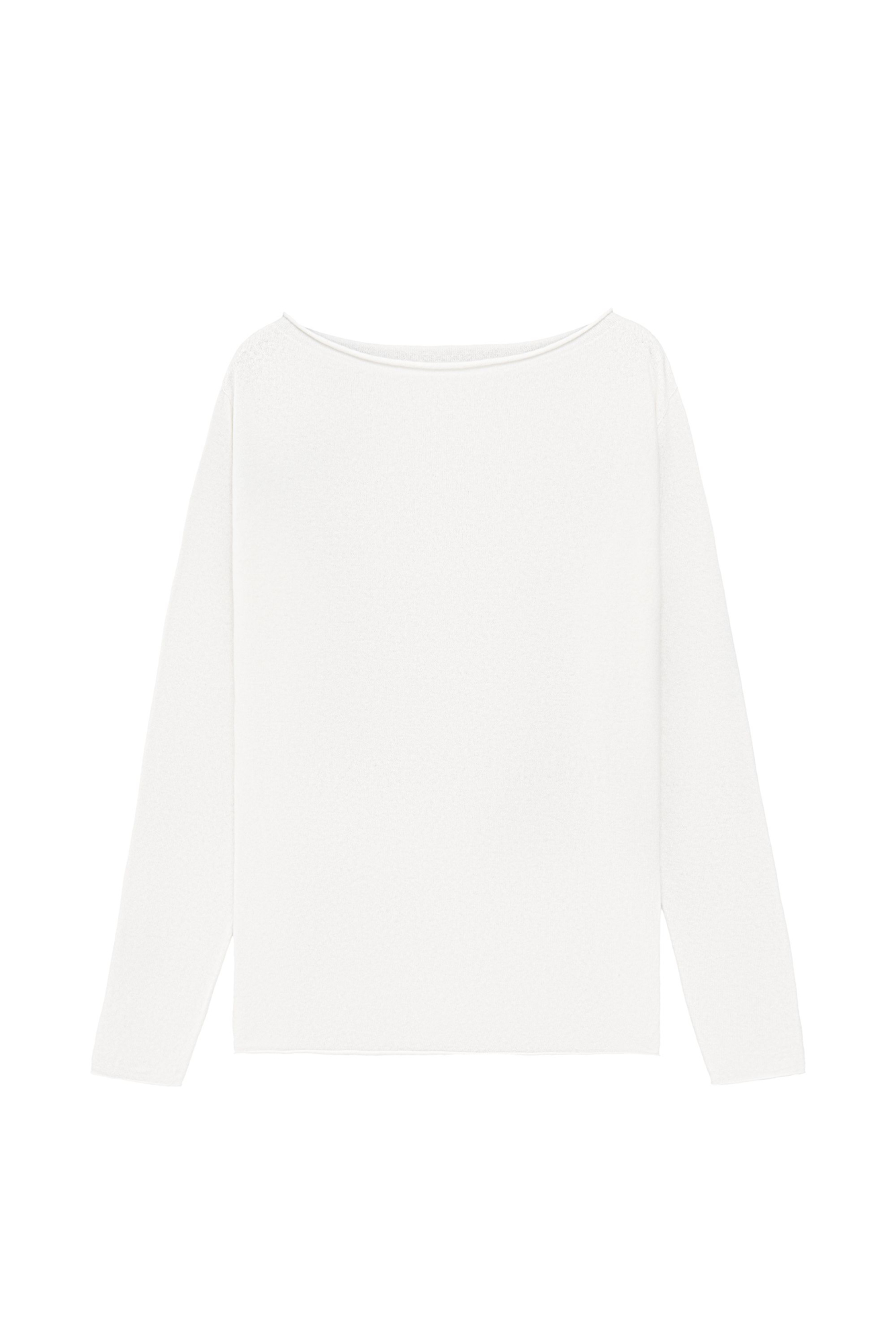 Трикотажный джемпер с закрученными краями из шерсти с добавлением кашемира. Модель свободного силуэта со спущенной линией плеча.