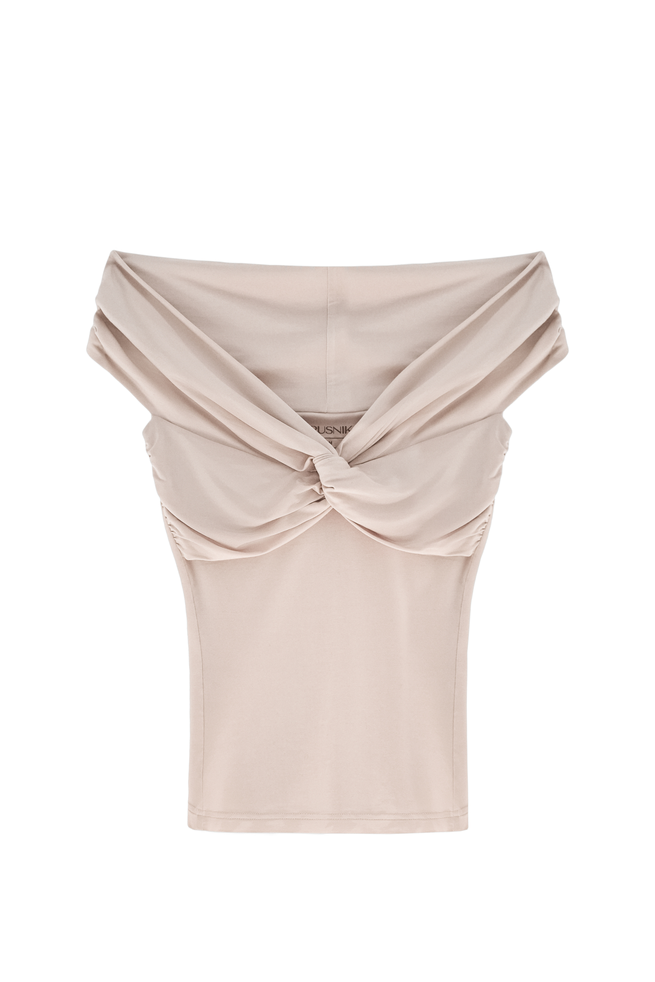 Топ из модала с открытой линией плеч. Модель приталенного силуэта, без рукавов. Изделие декорировано перекрутом на груди и драпировкой на лифе. 