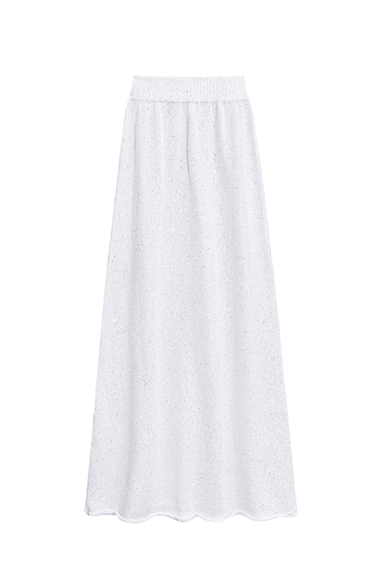 Трикотажная юбка длины макси из хлопка с добавлением вискозы. Модель А-силуэта, с широким эластичным поясом на резинке. Изделие декорировано маленькими пайетками.