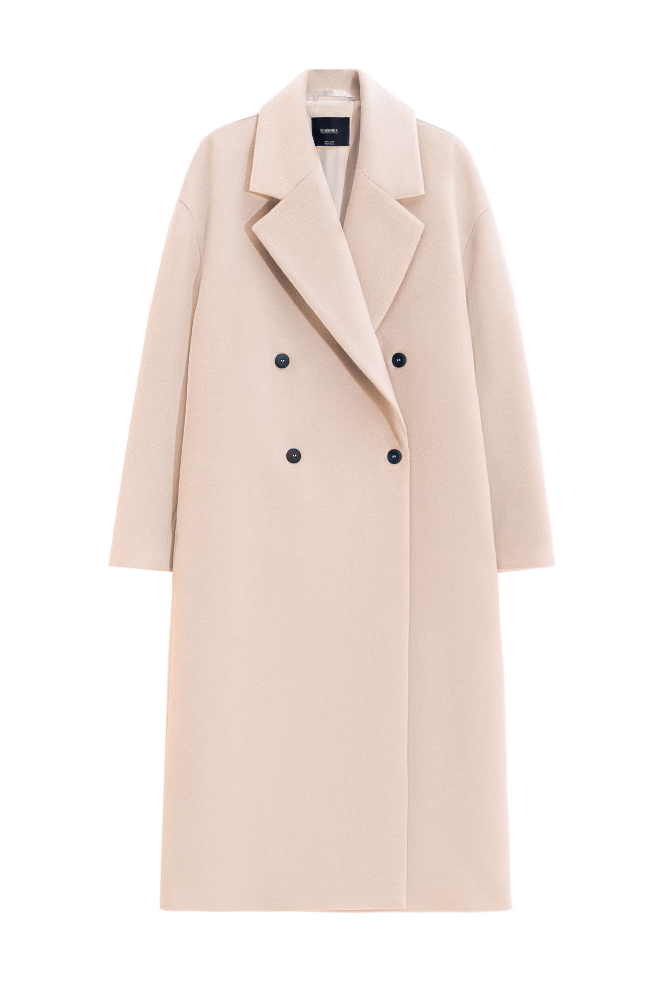 Двубортное длинное пальто из шерсти. Модель прямого кроя с широкими лацканами и врезными карманами. Изделие выполнено на подкладке.