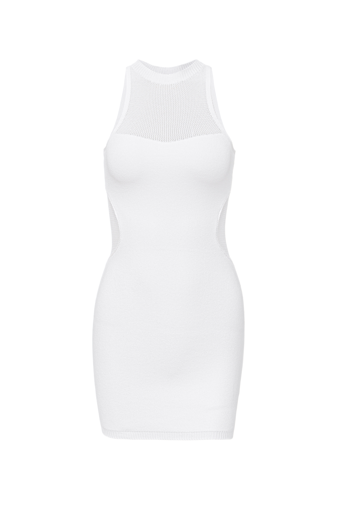 Трикотажное платье из вискозы длины мини. Модель по фигуре с неглубоким вырезом горловины, американской проймой и открытыми плечами. Изделие декорировано вставкой из сетки на груди.