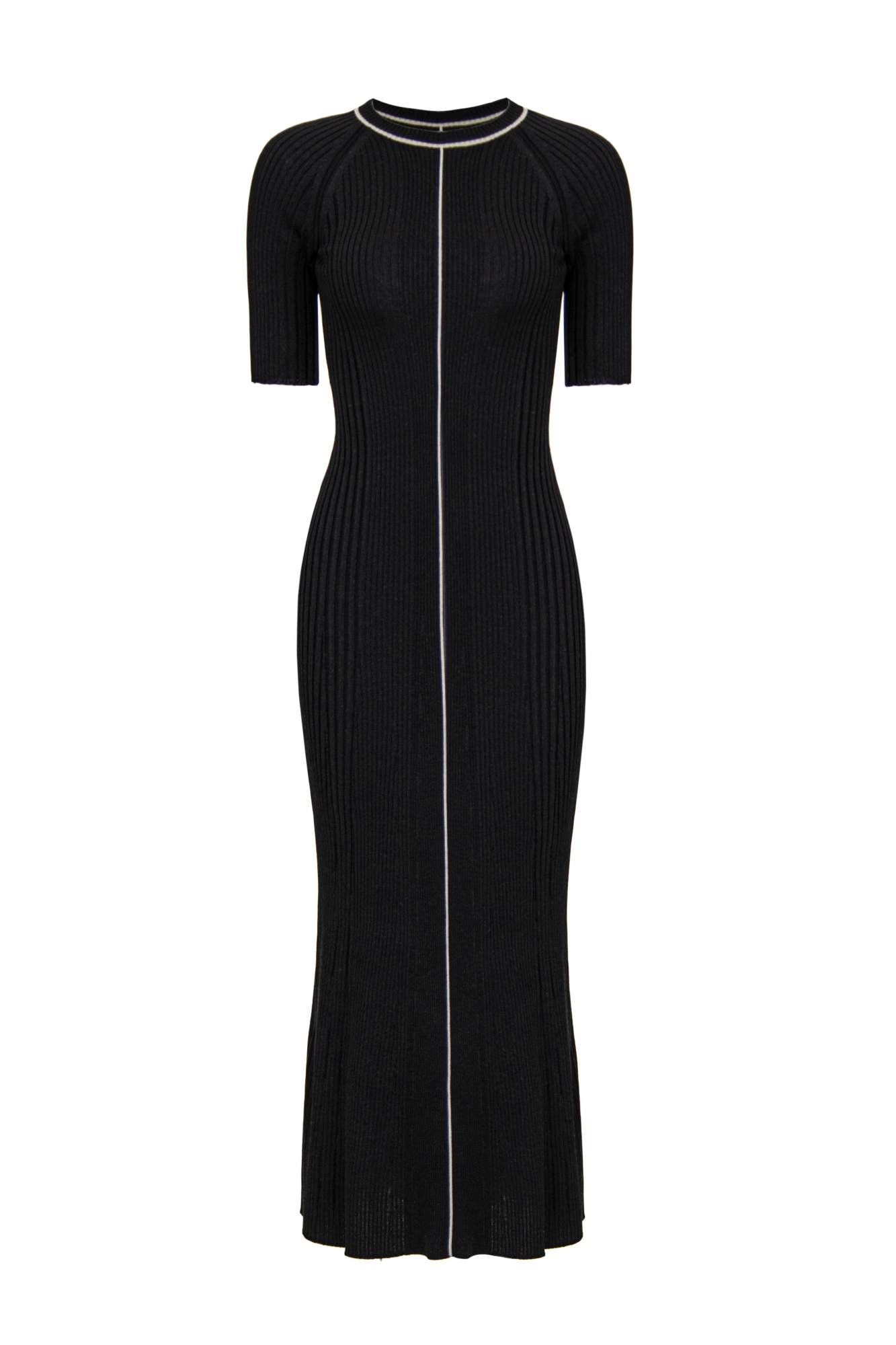 Трикотажное платье макси из шерсти мериноса. С коротким рукавом и контрастной полосой посередине. Модель приталенного силуэта в рубчик.