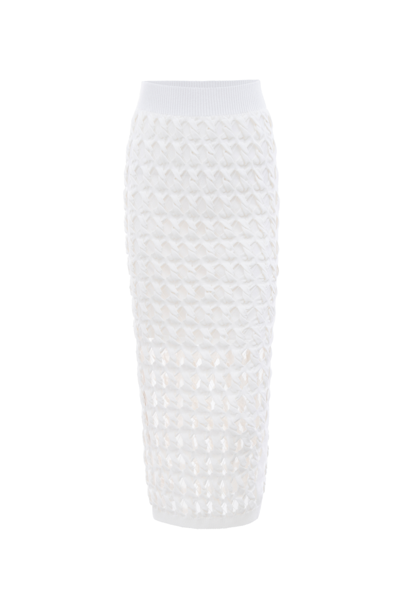 Юбка-карандаш с крупным ажурным переплетением и подкладкой. Широкий пояс-резинка. Дополнить образ можно футболкой с топом в таком же стиле.