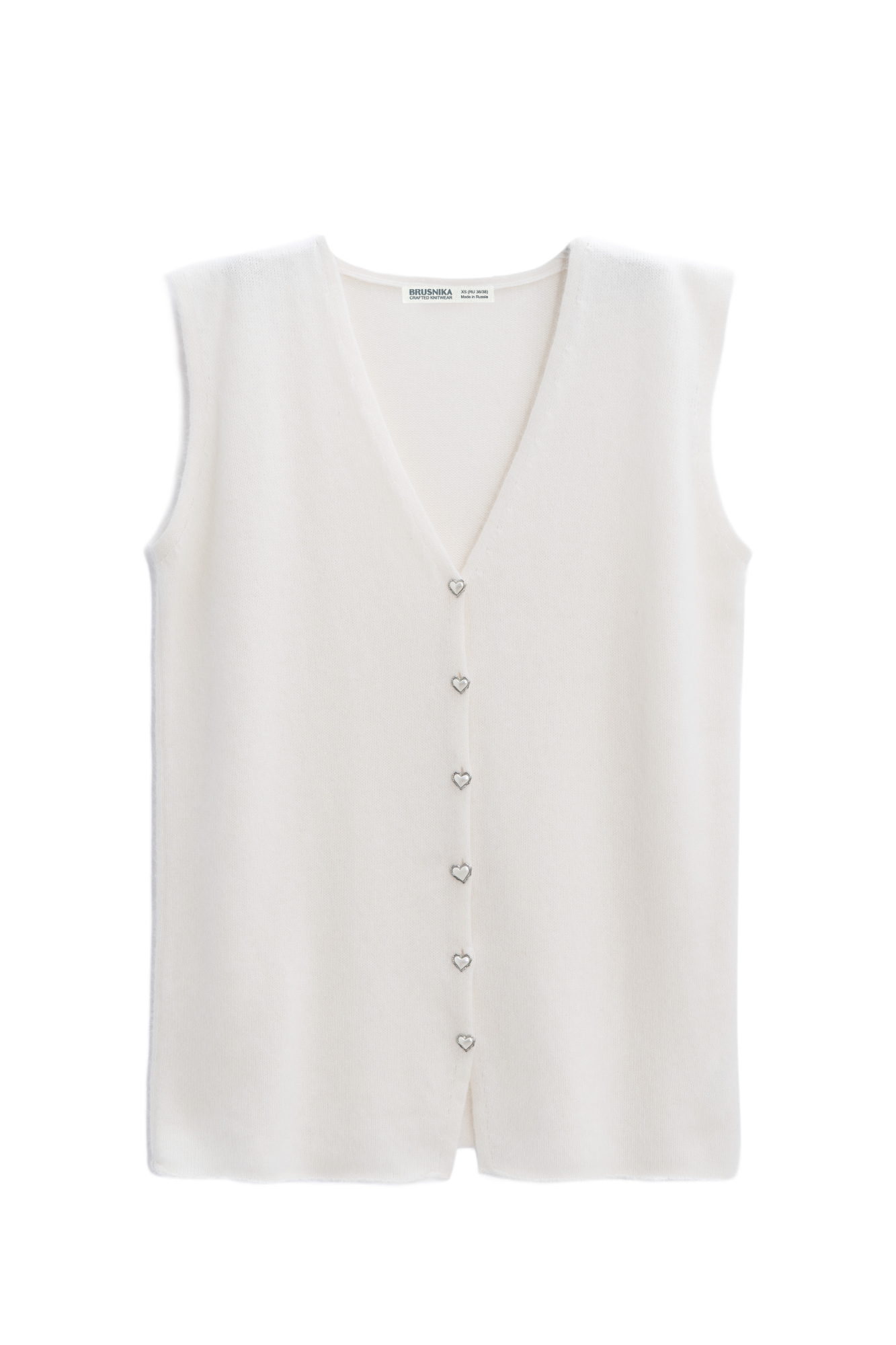 Трикотажный жилет из шерсти и пуха лисы. Модель удлиненного силуэта с V-образным вырезом горловины и застежкой на пуговицы-сердечки. 