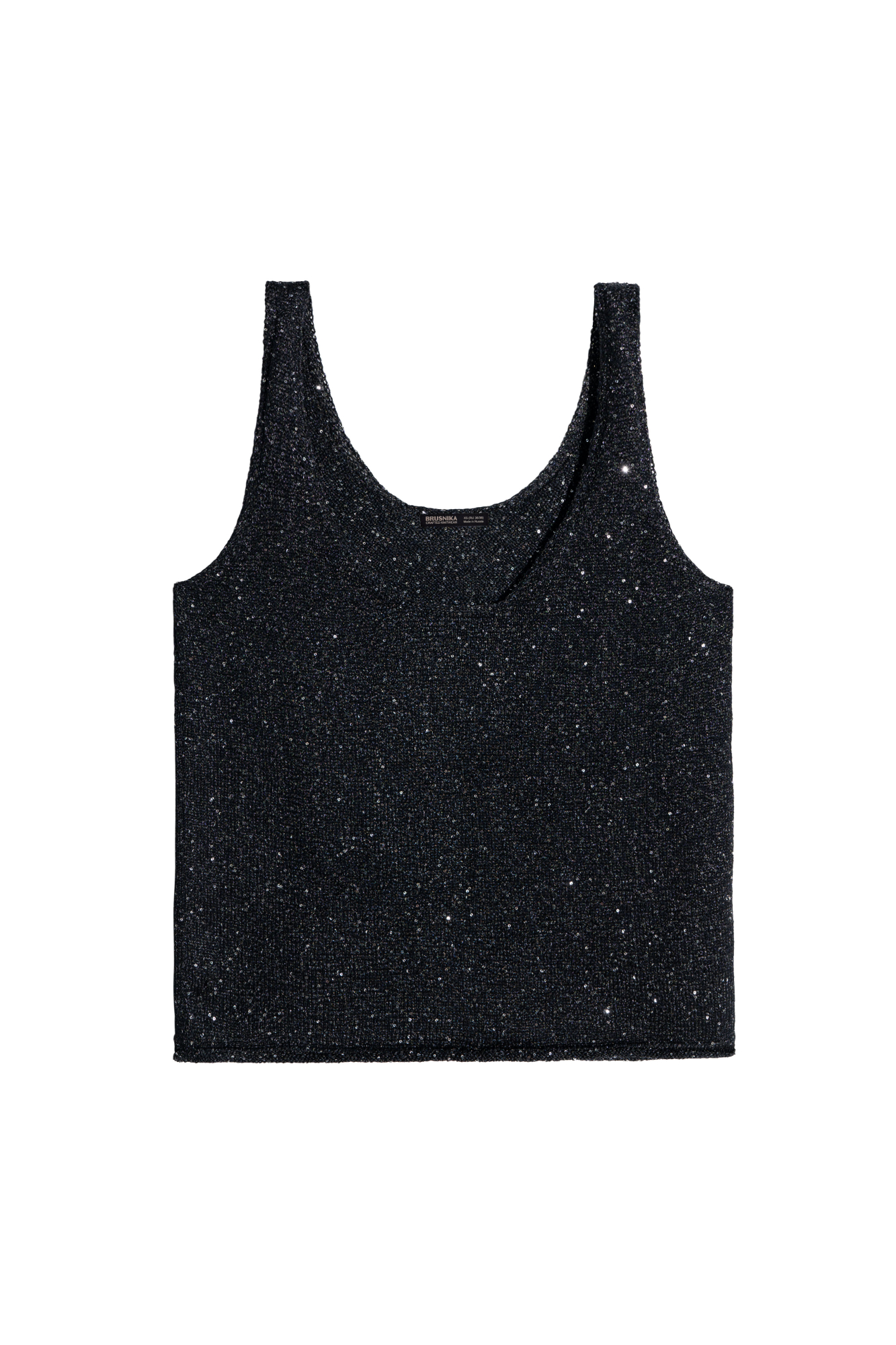 Трикотажный топ из хлопка с пайетками. Модель прямого кроя, на бретельках, с глубоким вырезом горловины.