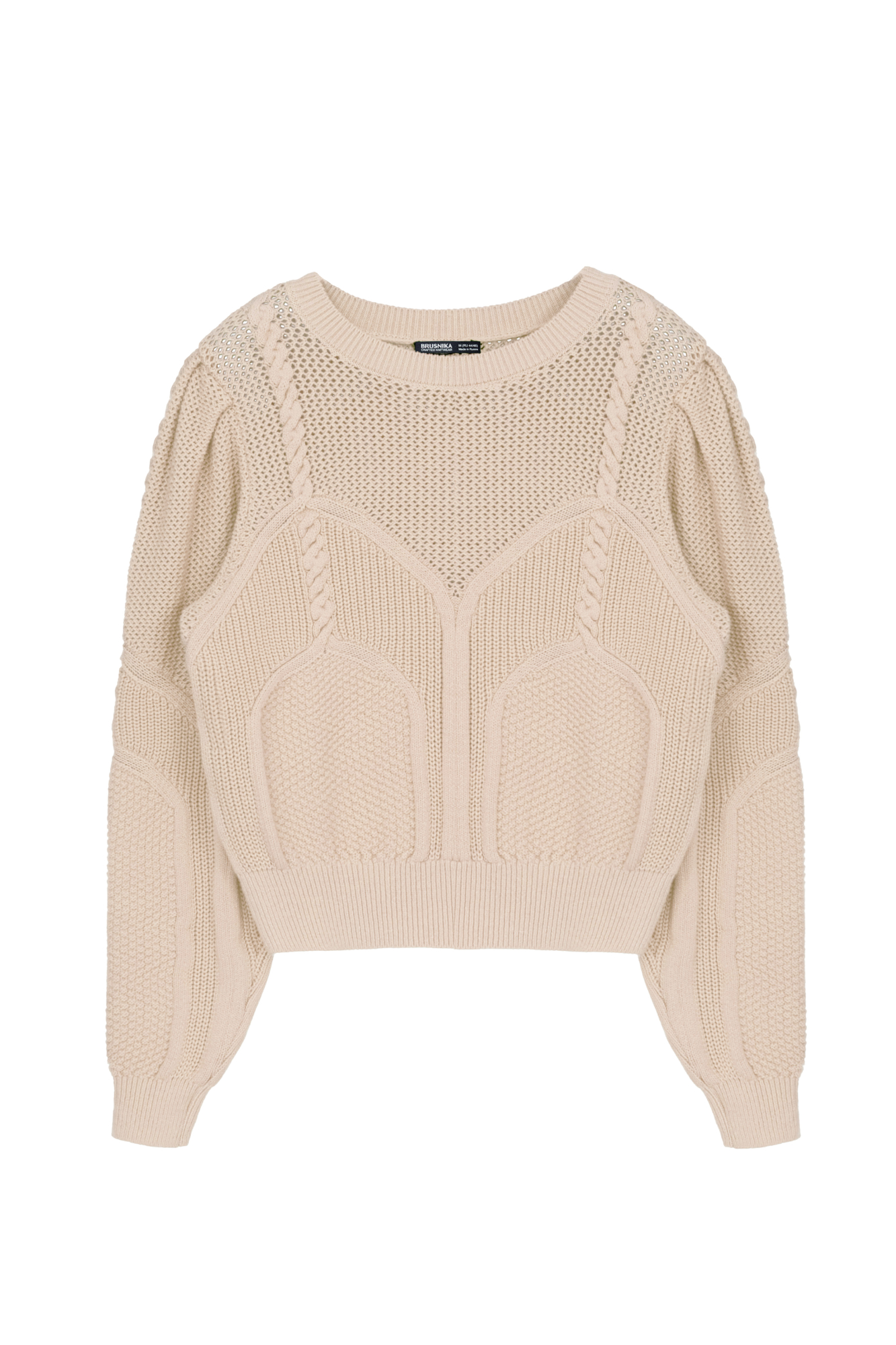 Хлопковый джемпер с круглым вырезом и объемными рукавами. Ажурный рисунок с объемными косами.