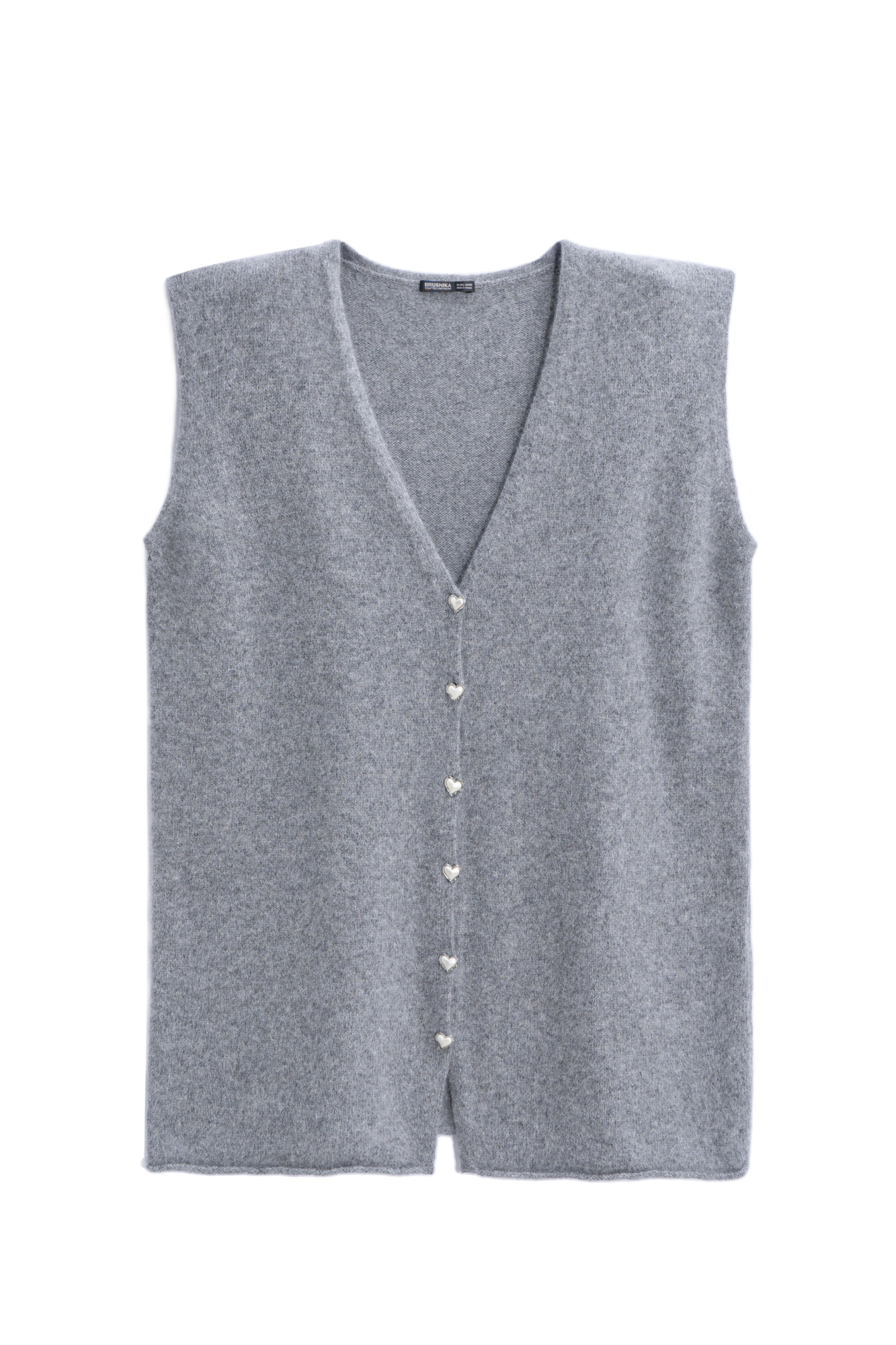 Трикотажный жилет из шерсти и пуха лисы. Модель удлиненного силуэта с V-образным вырезом горловины и застежкой на пуговицы-сердечки. 