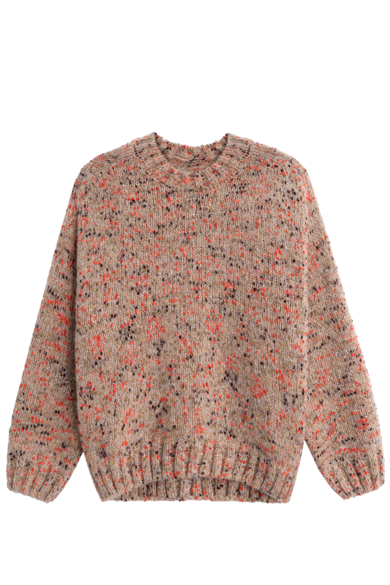 Буклированный джемпер из шерсти альпака. Модель свободного силуэта с рукавом-погон и круглым воротником. Низ изделия, манжеты рукавов и воротник выполнены в широкий рубчик.