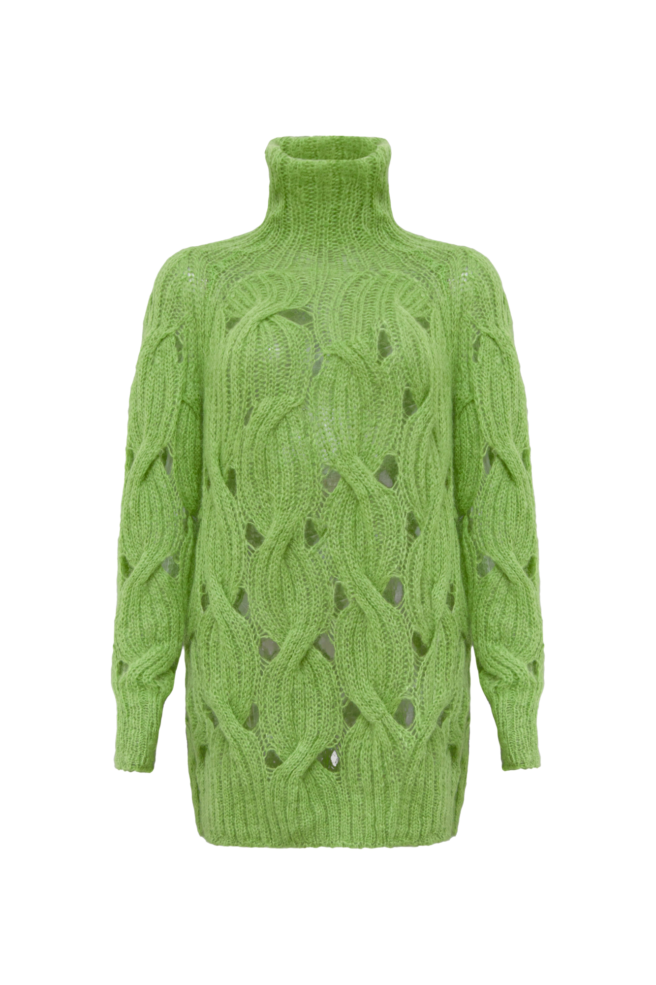 Объемный удлиненный джемпер с мохером, вязка выполнена крупными косами. Высокий ворот под горло. Манжеты рукавов и низ изделия на резинке. 