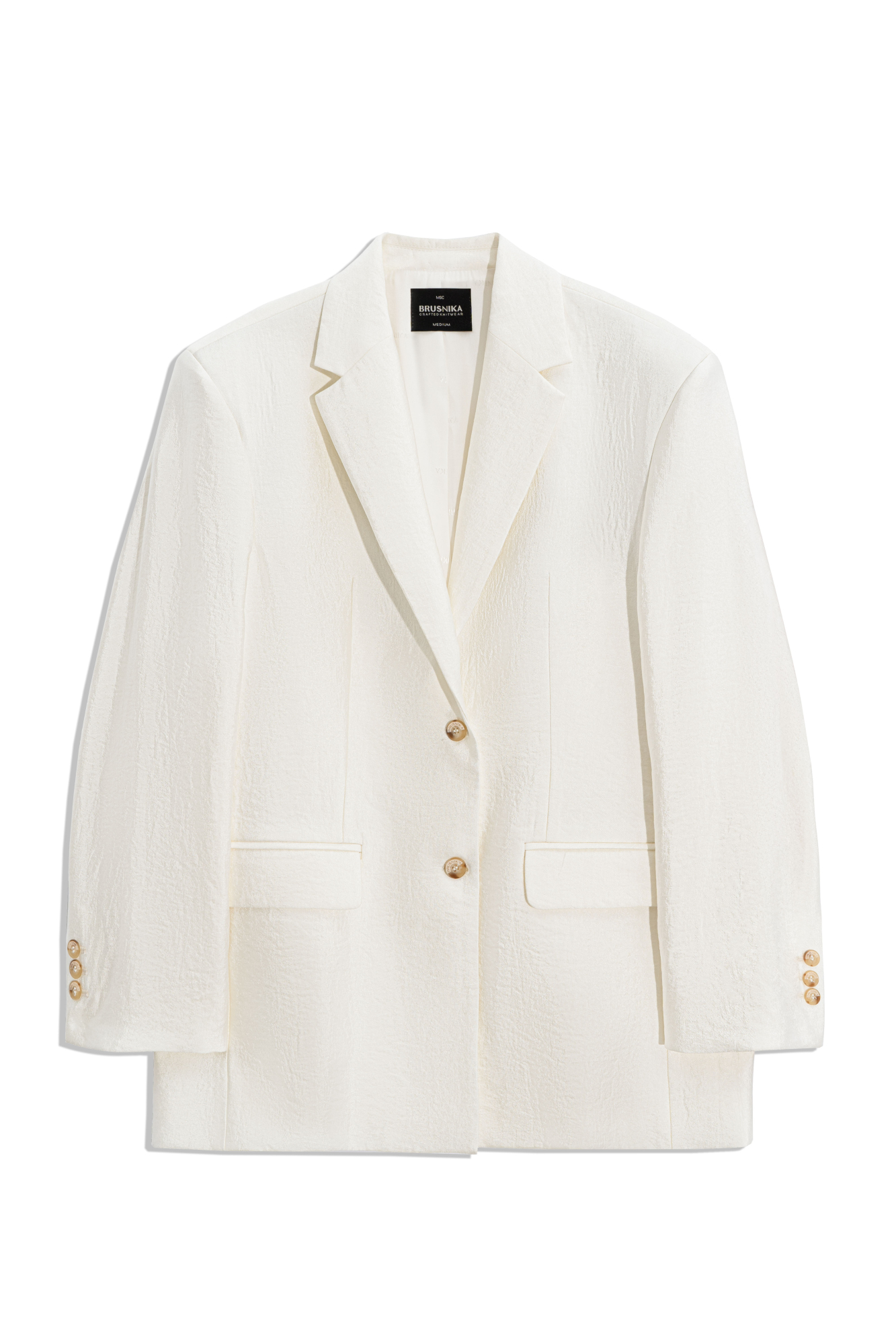 Однобортный жакет из жатой вискозы с блеском. Модель прямого кроя с лацканами, карманами с клапанами и застежкой на пуговицы. Изделие выполнено на подкладке. 