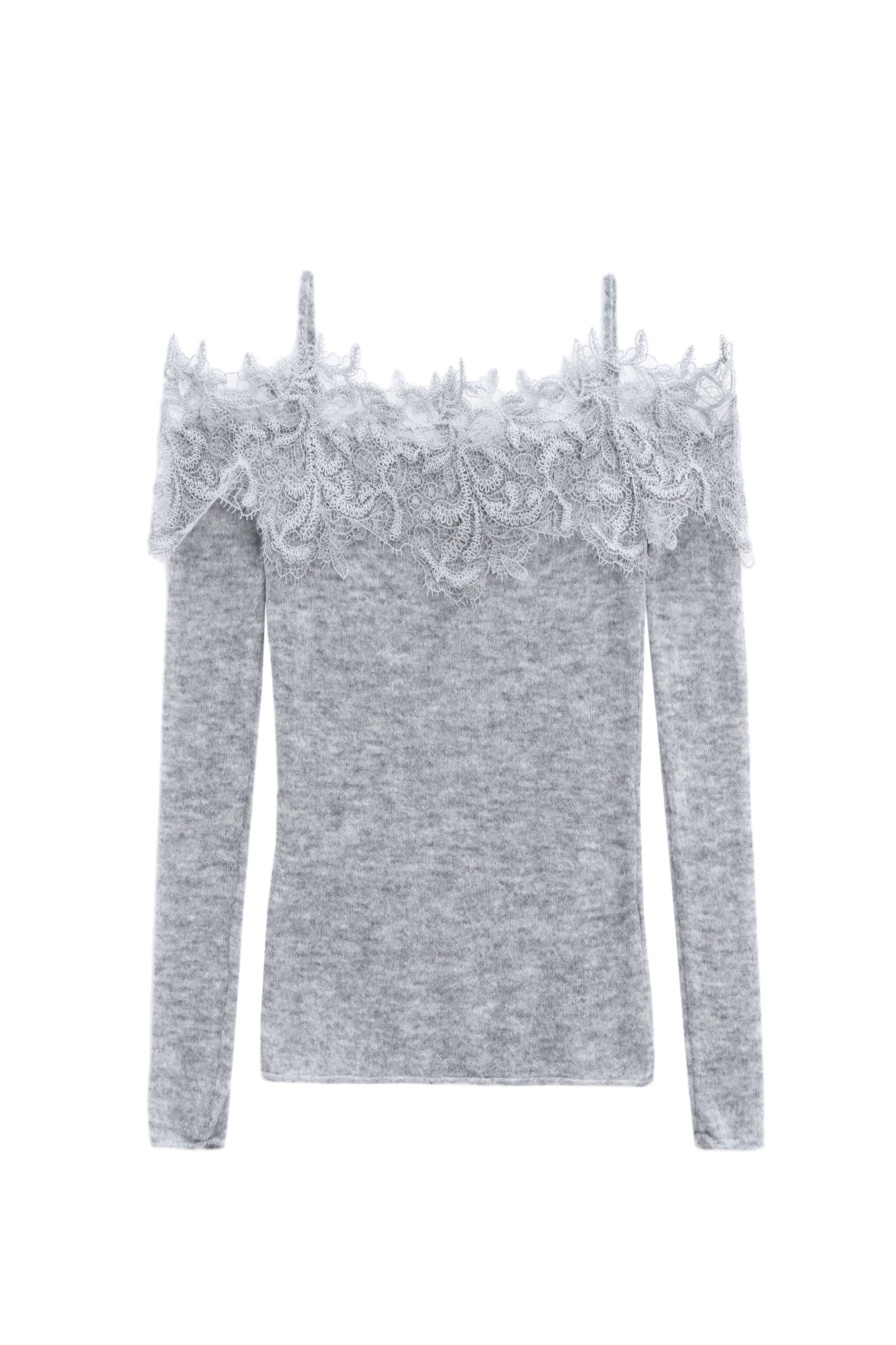Трикотажный лонгслив из шерсти мериноса экстрафайн и альпака суперфайн. Модель по фигуре на тонких бретелях с длинными рукавами и открытой линией плеч. Декольте декорировано кружевом.