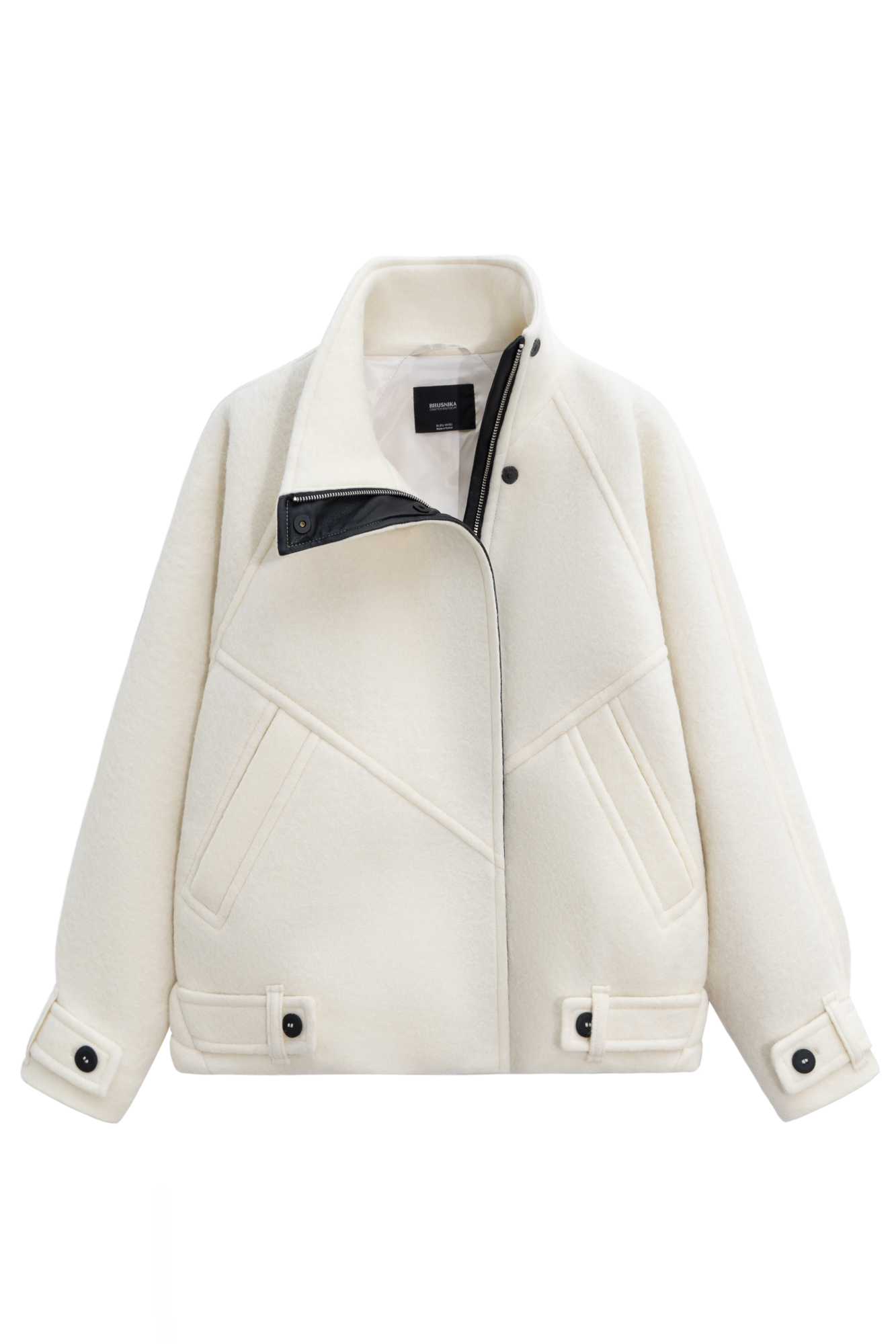 Шерстяной бомбер с воротником-стойкой. Модель свободного силуэта, с патами на пуговицах на манжетах и по низу изделия, застежка на молнию и магнитные пуговицы под планкой, декорированной экокожей. Бомбер выполнен на подкладке.