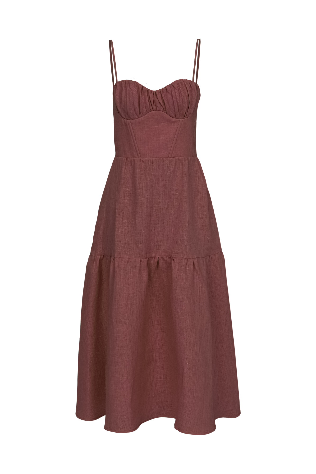 Сарафан из 100% льна. Модель на тонких регулируемых бретелях. Лиф с вшитыми чашечками, декорирован драпировкой. Верх сарафана выполнен в стиле корсета с резинкой на спинке. 