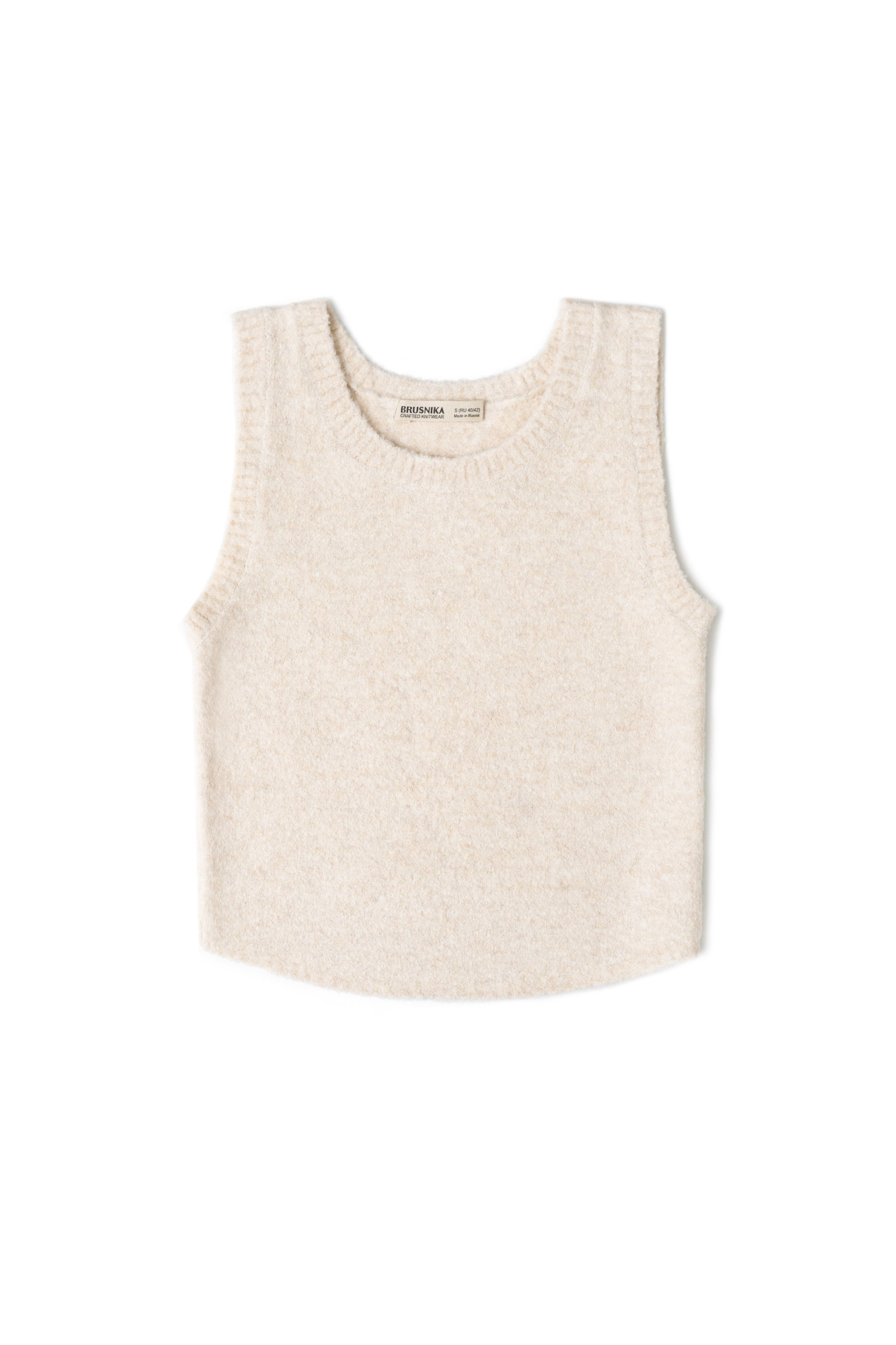 Укороченный трикотажный топ из шерсти с круглым вырезом. Края изделия в рубчик.