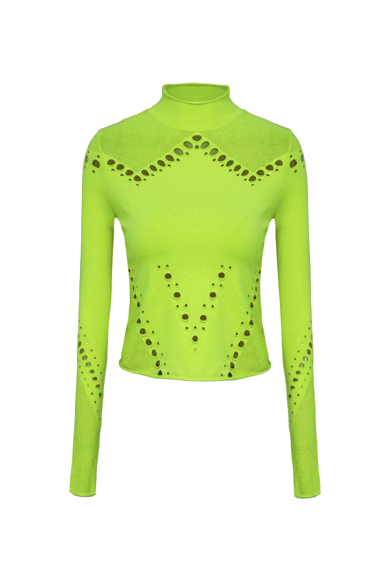 Трикотажная укороченная водолазка из тонкой эластичной вискозы. Модель облегающего силуэта, с длинными рукавами и невысоким воротником-стойкой. Изделие выполнено в комбинированной технике вязки, сочетающей гладь и сетку. Водолазка декорирована вырезами, создающими геометрический узор.<br />
