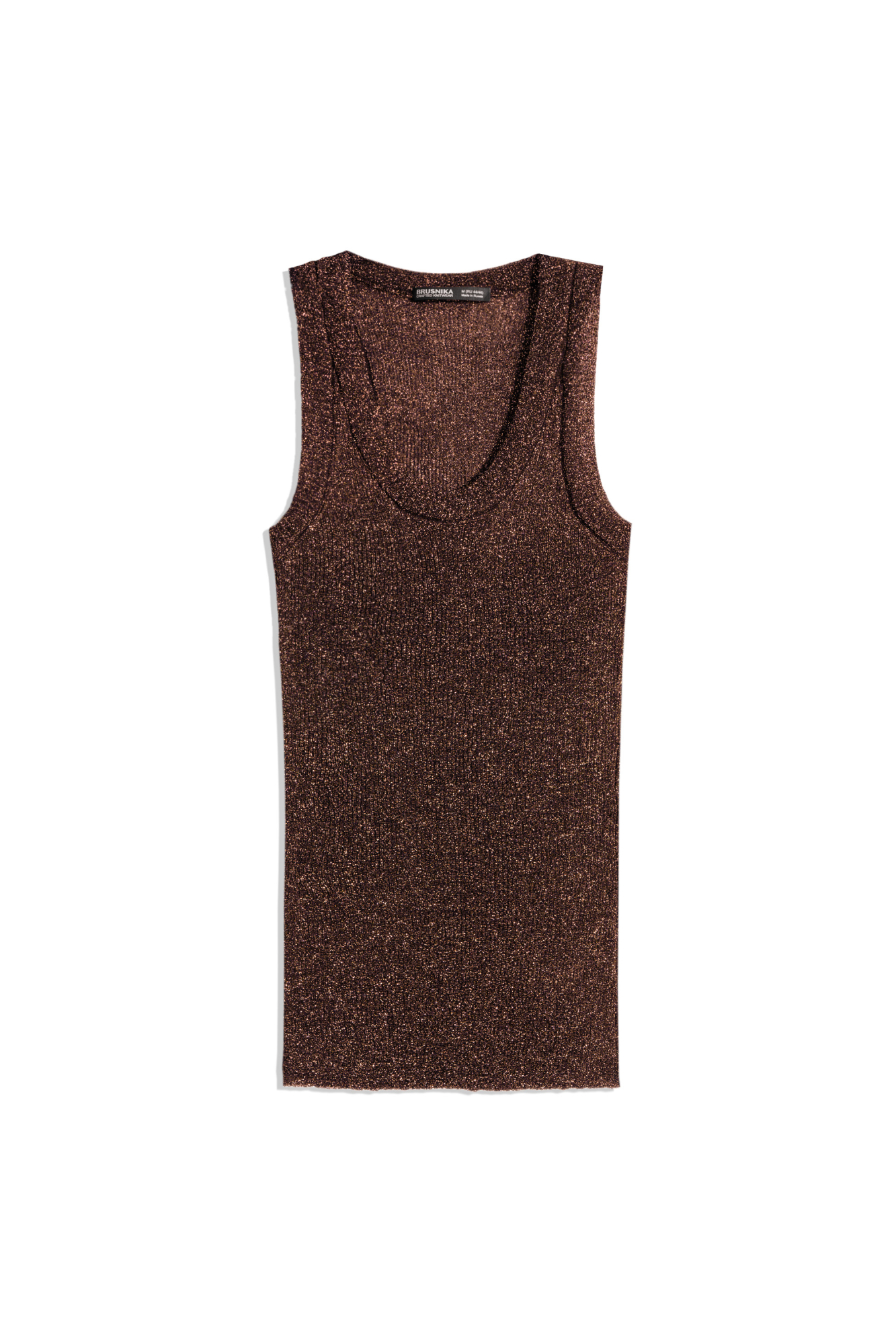 Трикотажный топ из вискозы с люрексом. Модель с U-образным вырезом горловины и широкими бретелями.