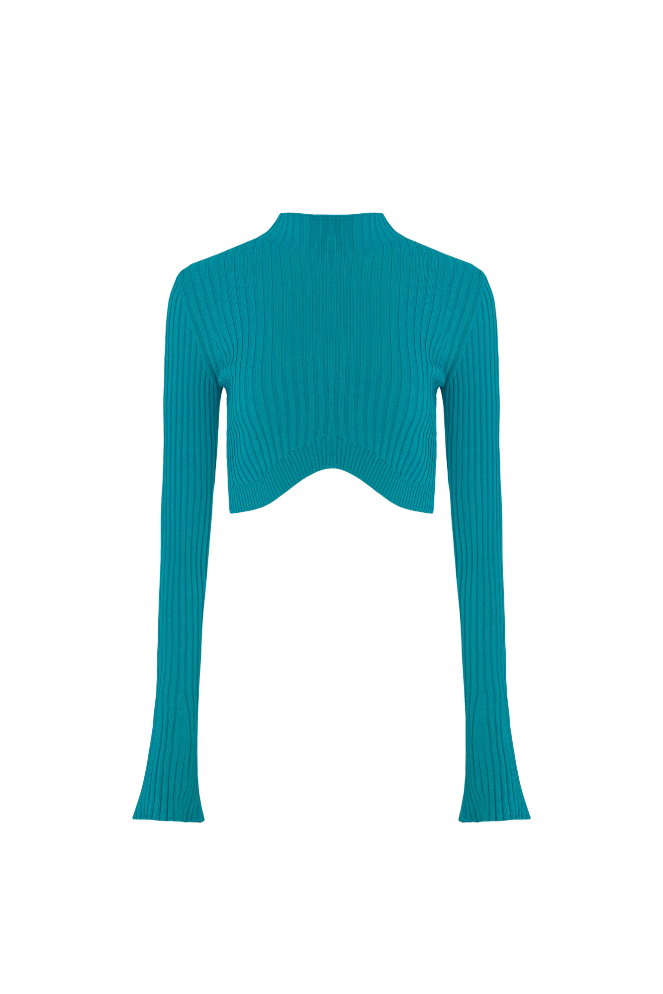 Трикотажный топ в рубчик с длинным рукавом и фигурным низом. Дополнить образ можно юбкой в таком же стиле. 