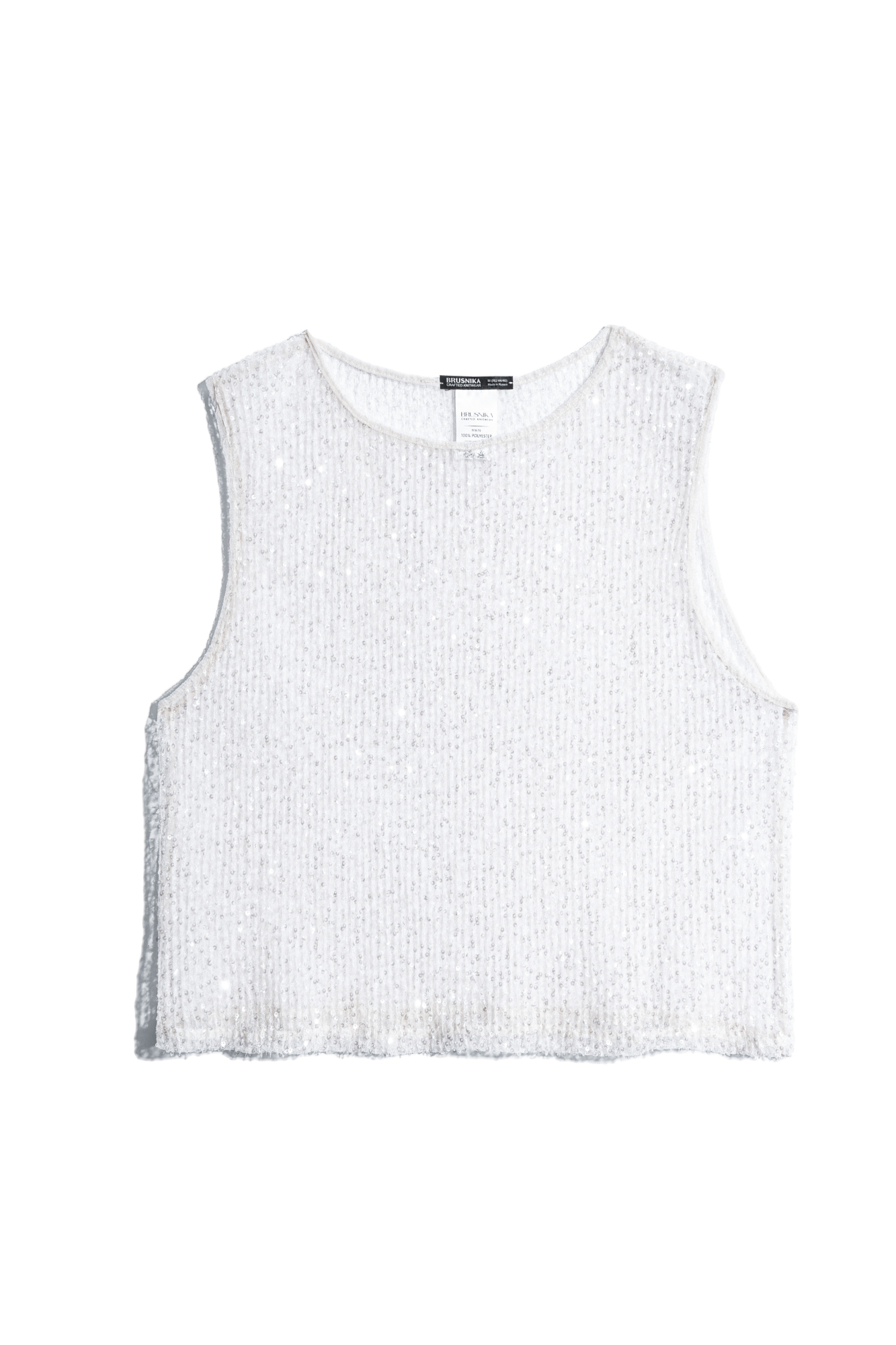 Прозрачный топ без рукавов, с круглым вырезом горловины. Модель декорирована пайетками.