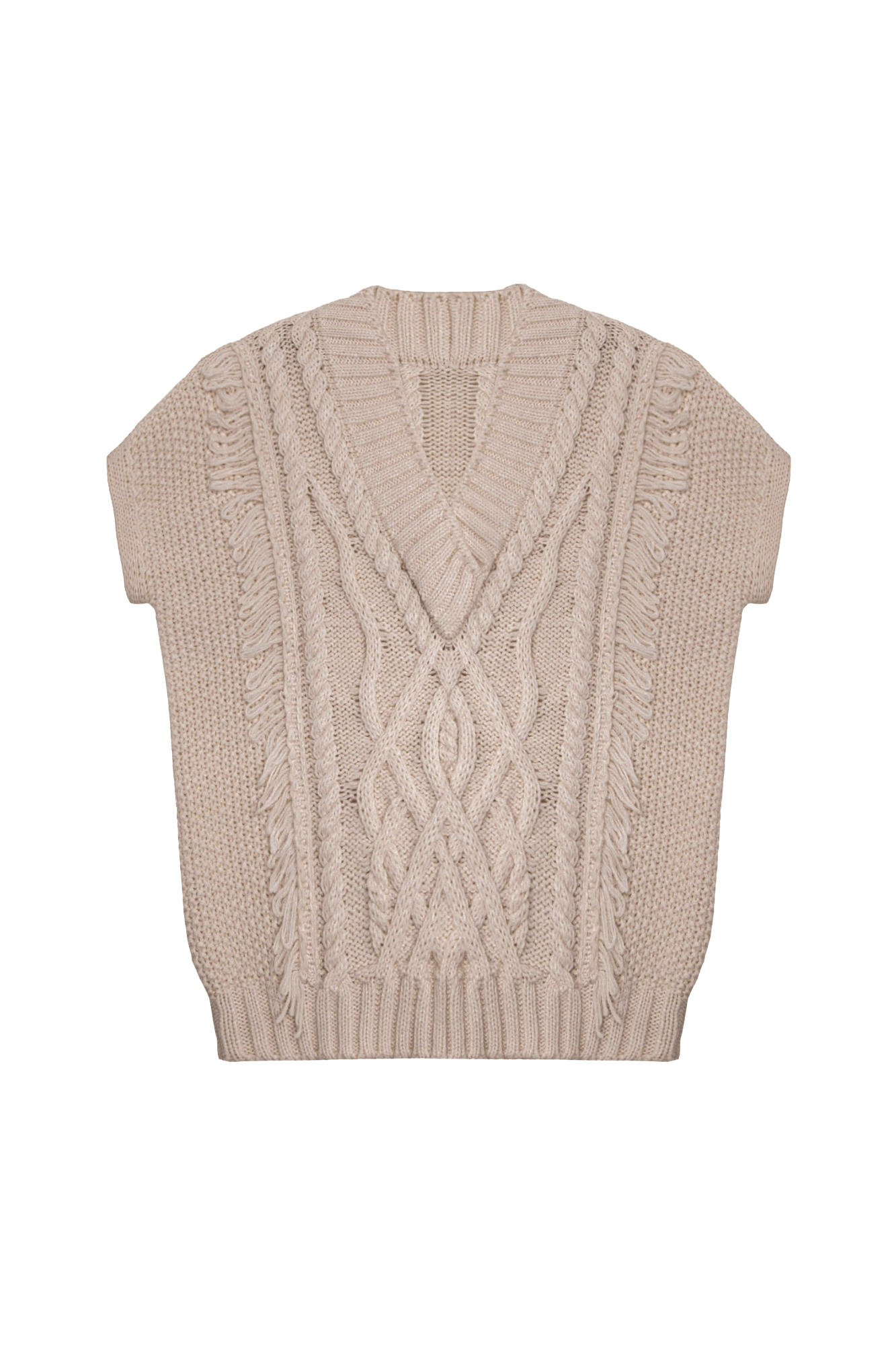 Трикотажный жилет из шерсти альпака с бахромой и V-образным вырезом.