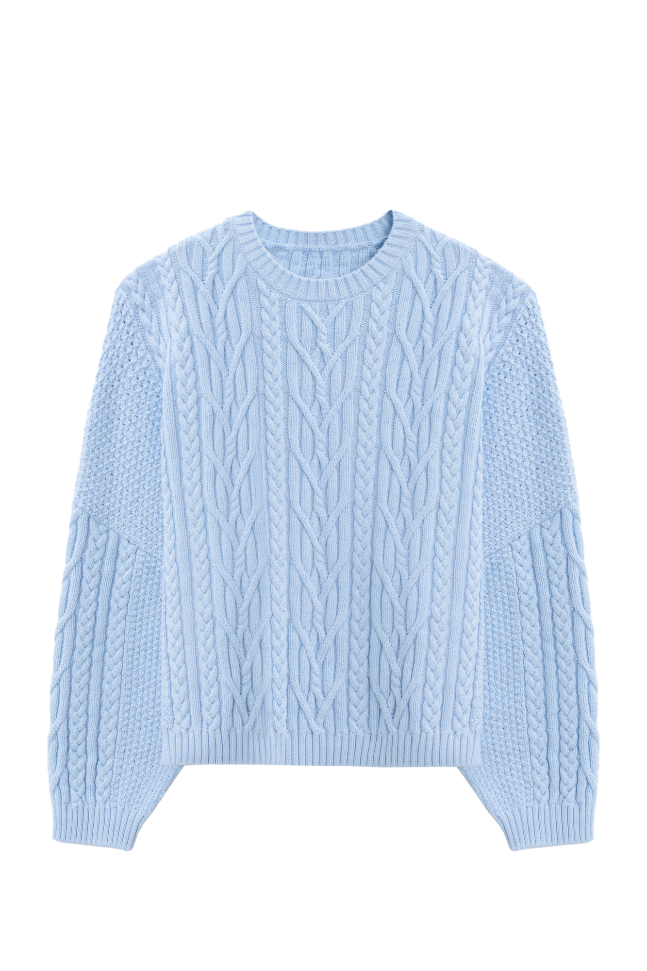 Трикотажный джемпер из вискозы и хлопка. Модель свободного силуэта со спущенной линией плеч, объемными рукавами и круглым вырезом горловины. Изделие декорировано фактурной вязкой в виде кос разной толщины. Края выполнены в рубчик.