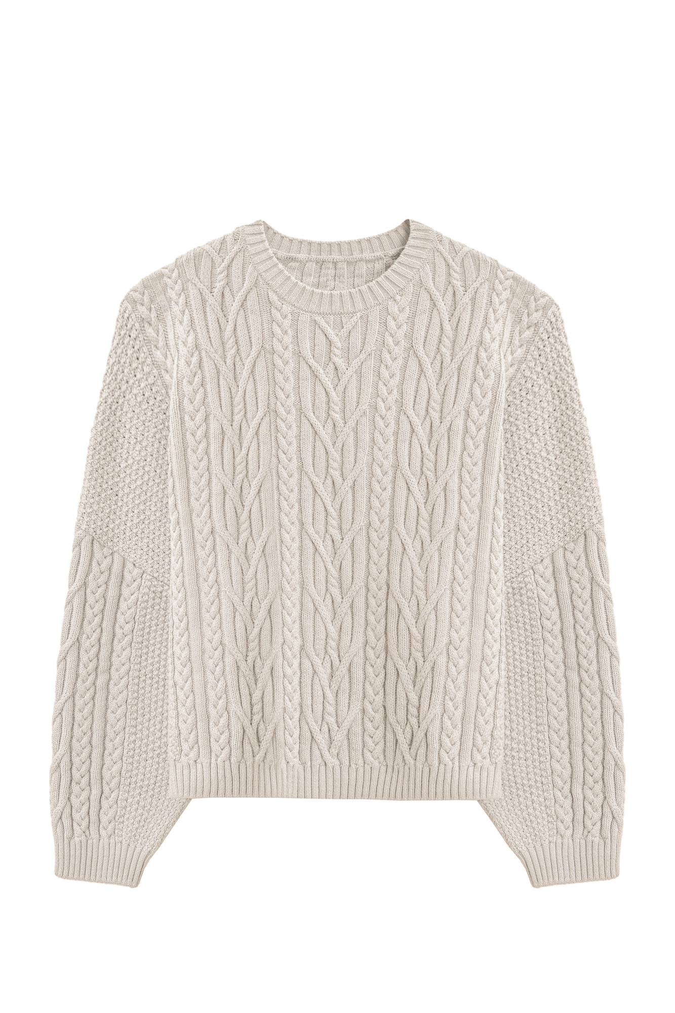 Трикотажный джемпер из вискозы и хлопка. Модель свободного силуэта со спущенной линией плеч, объемными рукавами и круглым вырезом горловины. Изделие декорировано фактурной вязкой в виде кос разной толщины. Края выполнены в рубчик. 