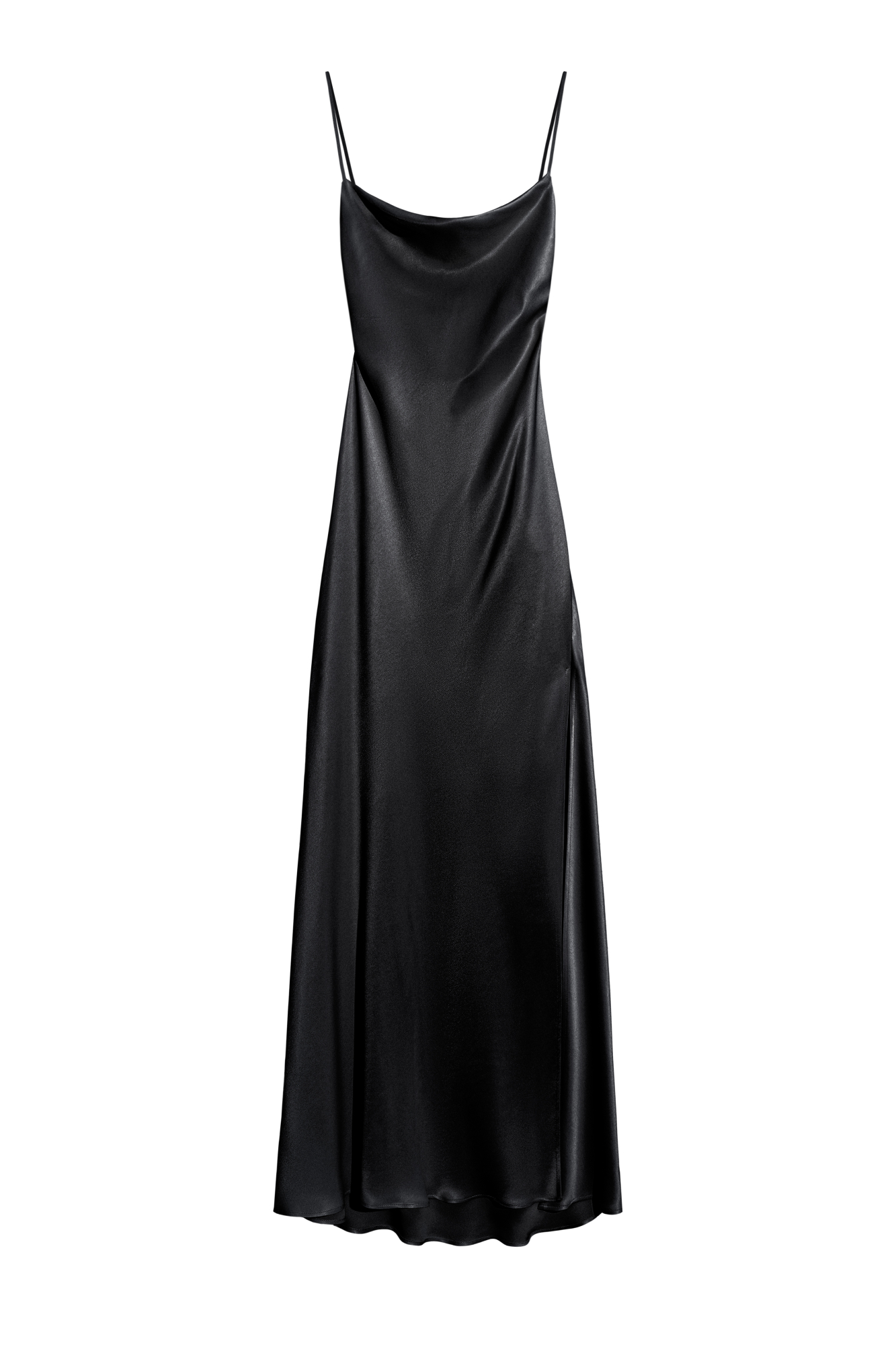 Атласное платье-комбинация длины миди из 100% вискозы. Модель приталенного силуэта, с высоким разрезом сбоку и открытой спиной. Изделие выполнено на тонких регулируемых бретелях.