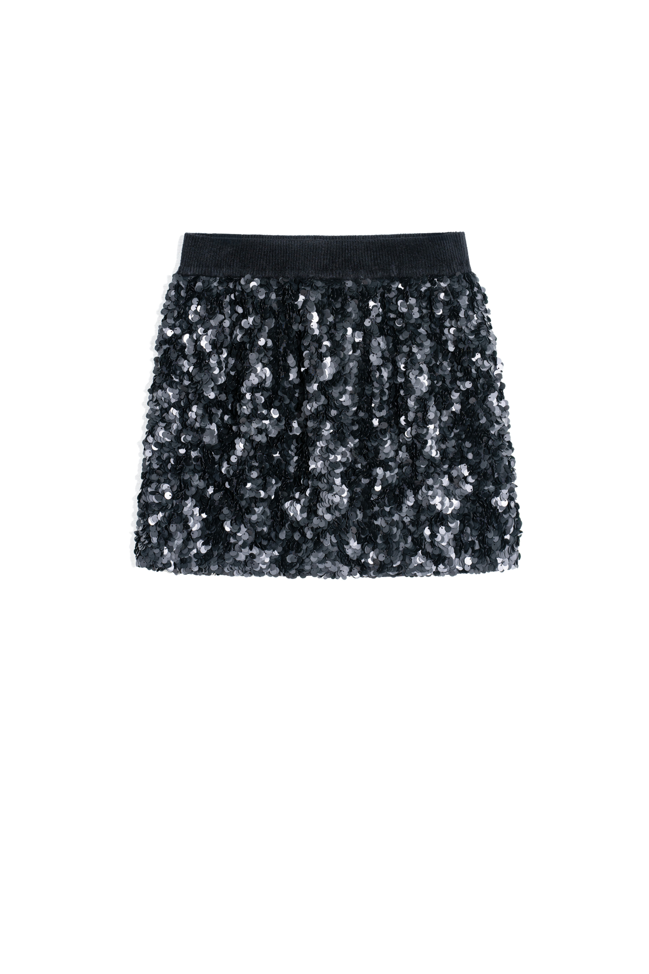 Юбка длины мини, расшитая матовыми пайетками. Модель прямого кроя, с эластичным поясом в рубчик. Изделие на подкладке. 