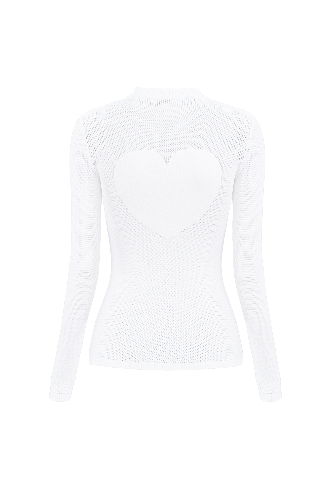 Трикотажный лонгслив с орнаментов в виде большого сердца на спине. Модель по фигуре выполнена ажурным переплетением с имитацией "сетки".